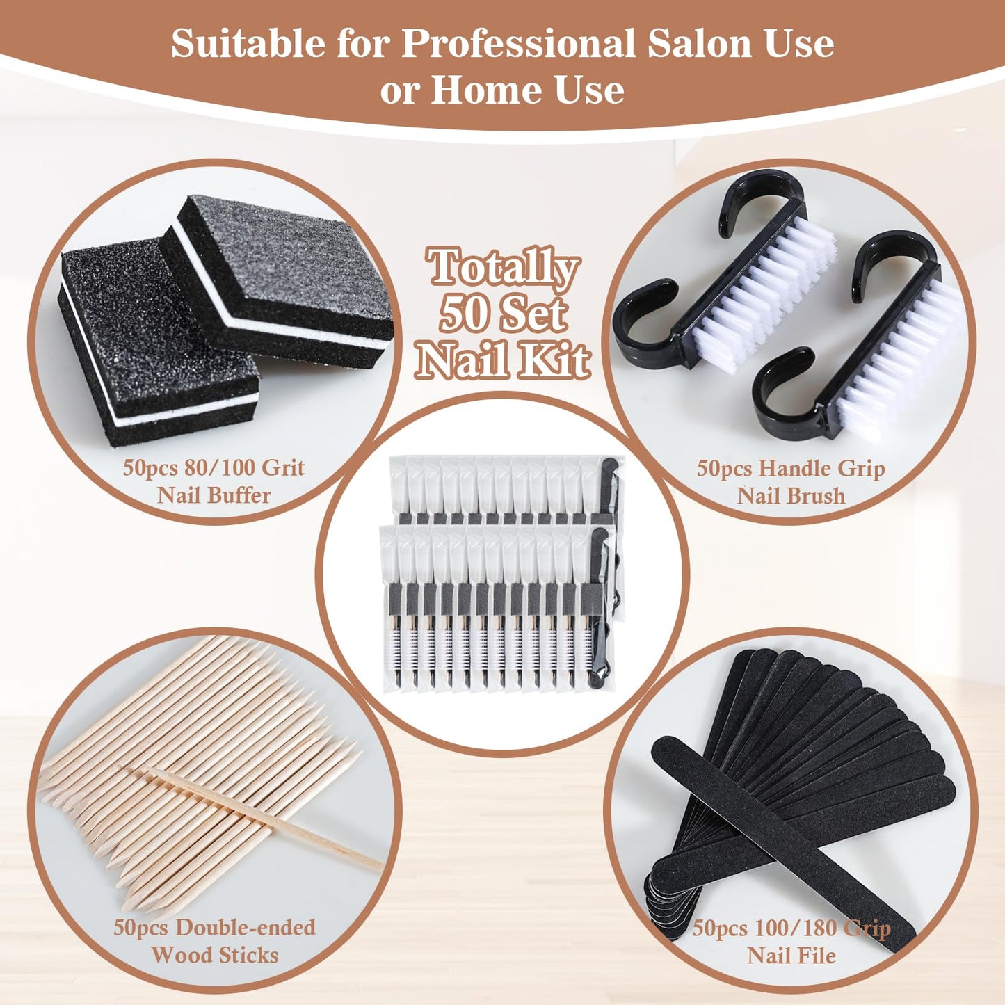 50 Sets Disposable Manicure Kit Basics 4 Piece Nail Kit for Travel,Handle Grip Brush,Mini Nail Buffer Nail File and Wood Stick for Gifts Salon Home Professional(50 Set-Black)