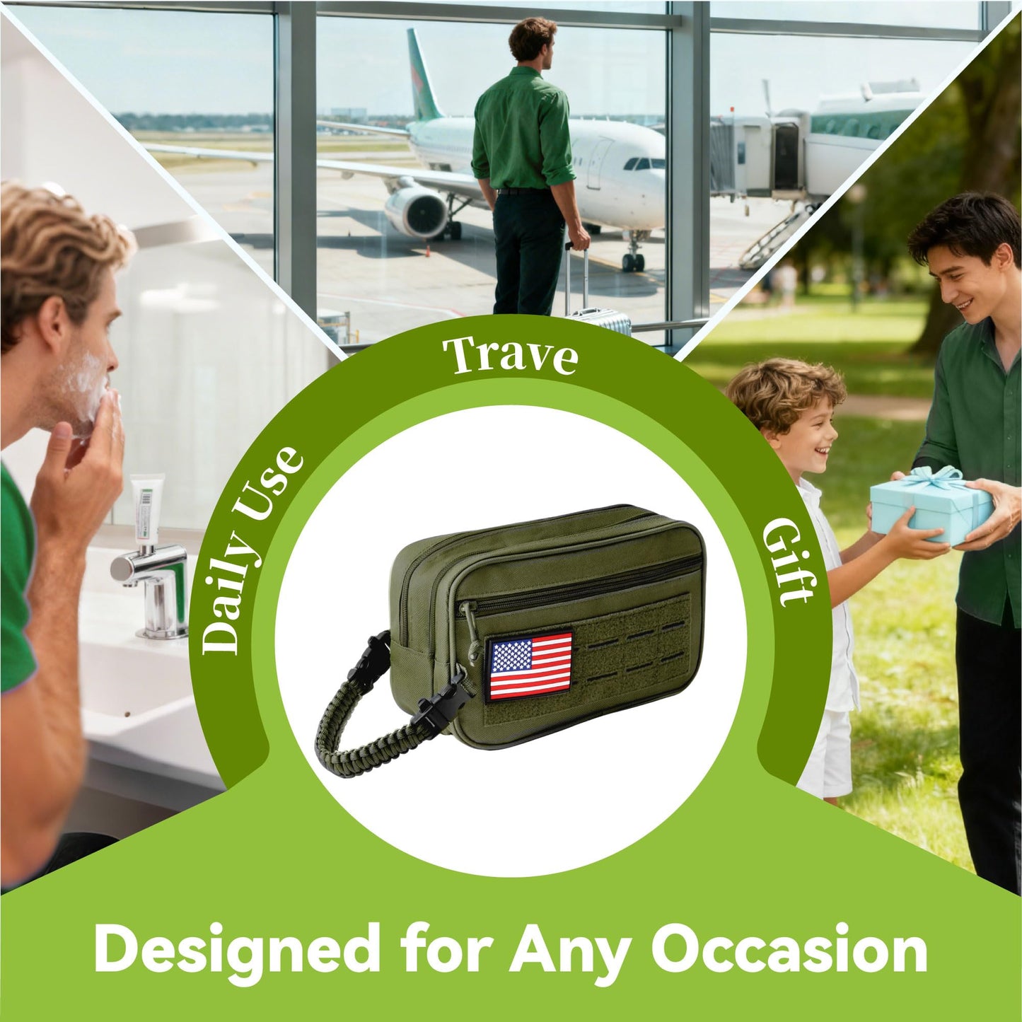 JeeVoya Toiletry Bag for Men Dry Wet Separation Portable Shaving Kit Organizer with 3 Compartments Mens Toiletry Bags for Traveling (Green)