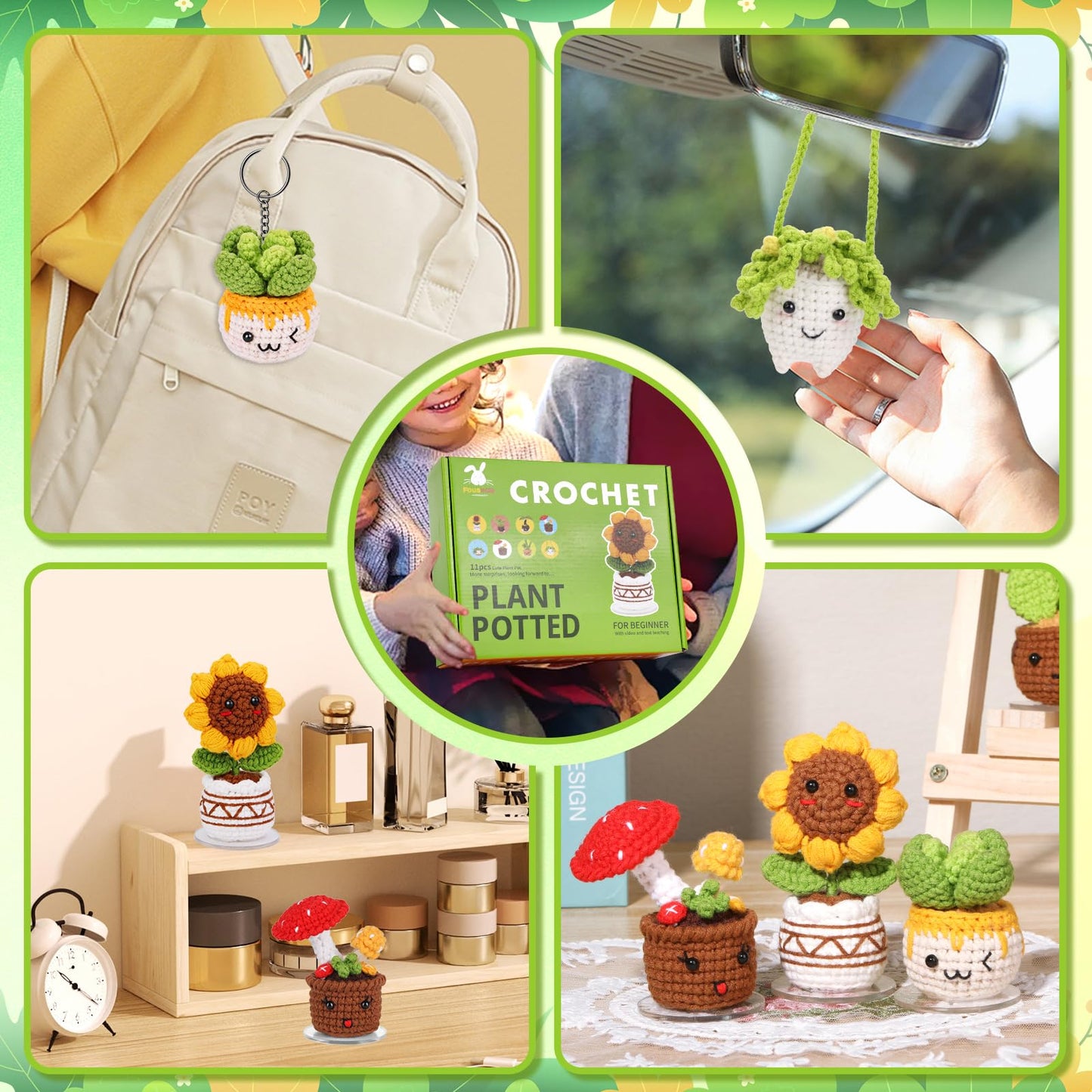 FOUSNOW Crochet Kits, Plant Crochet Kits,11 PCS Potted Plants Crochet Starter Kit, Crochet Kit for Adults with Step-by-Step Video Tutorials, Craft DIY Knitting Supplies