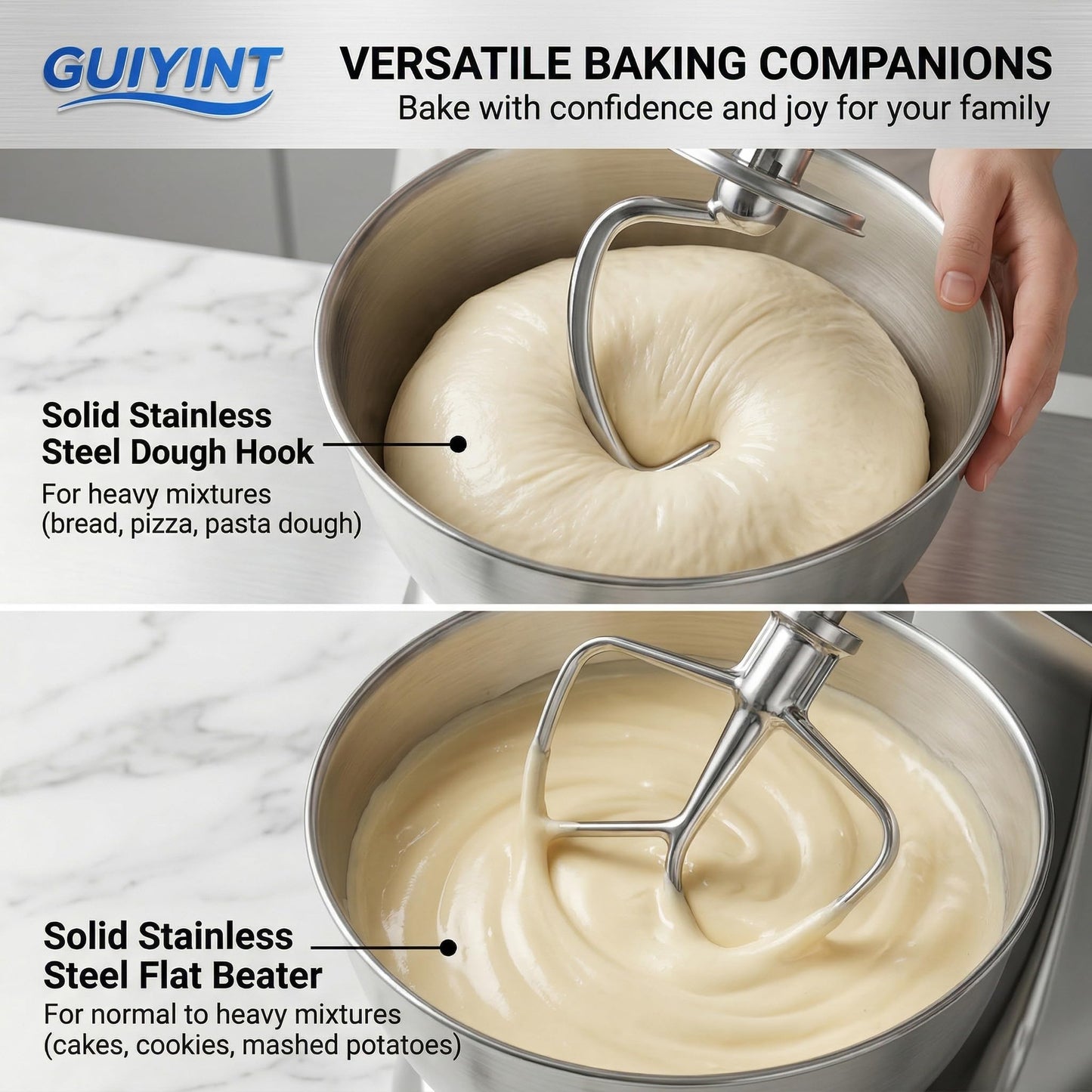 Guiyint Stainless Steel 3 Piece Mixer Attachments Kit – Replacement for KitchenAid Tilt-Head & Bowl-Lift Stand Mixers (4.5, 5, 6 Quart) – Includes Dough Hook, Flat Beater, 6-Wire Whisk