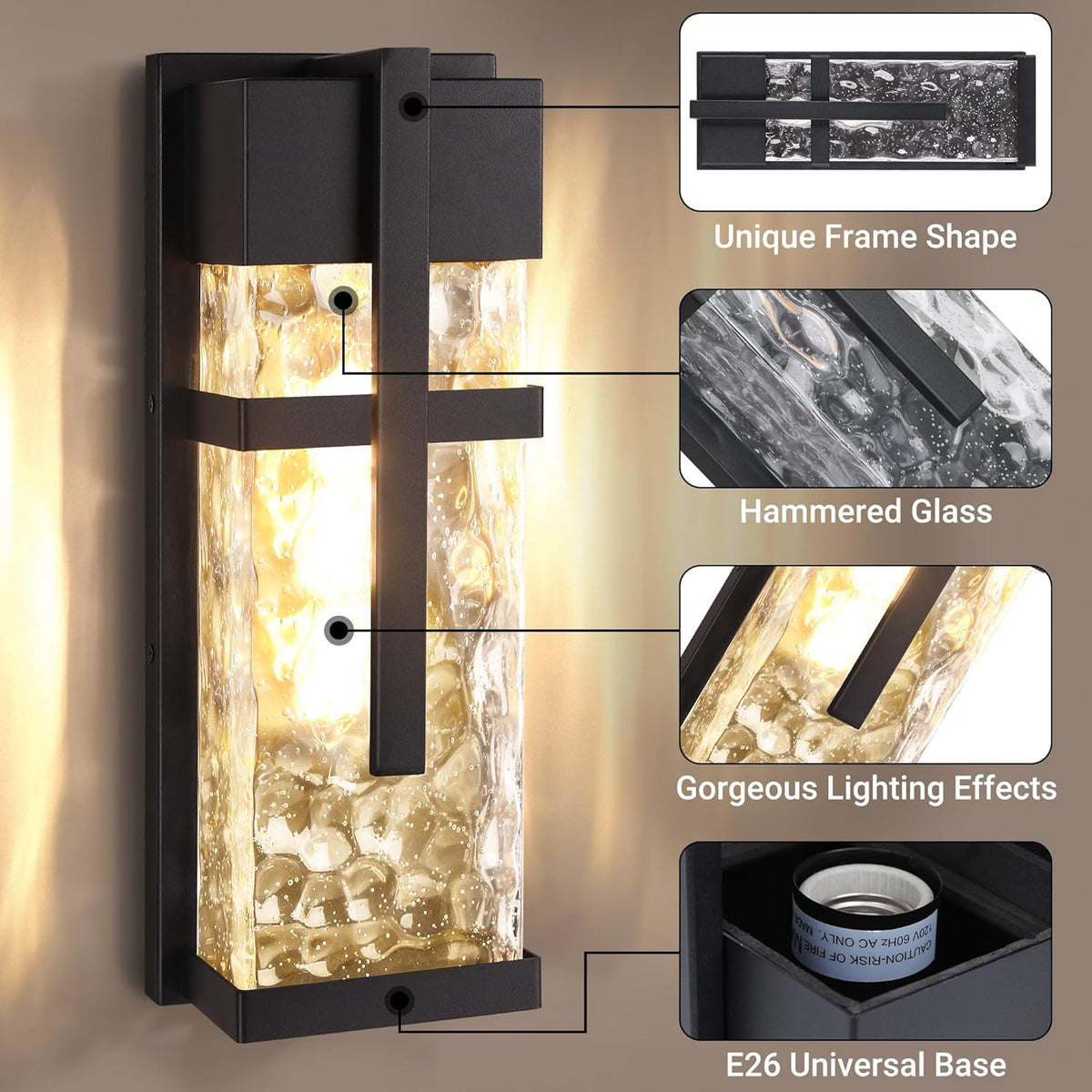 Hammered Glass Wall Lamp, Outdoor Light Fixtures, Exterior Wall Lantern for Porch with Waterproof, 2 Pack Wall Sconce Lighting, Wall Mount Light, Porch Light for Garage, Doorway, Patio(Bulb Included)