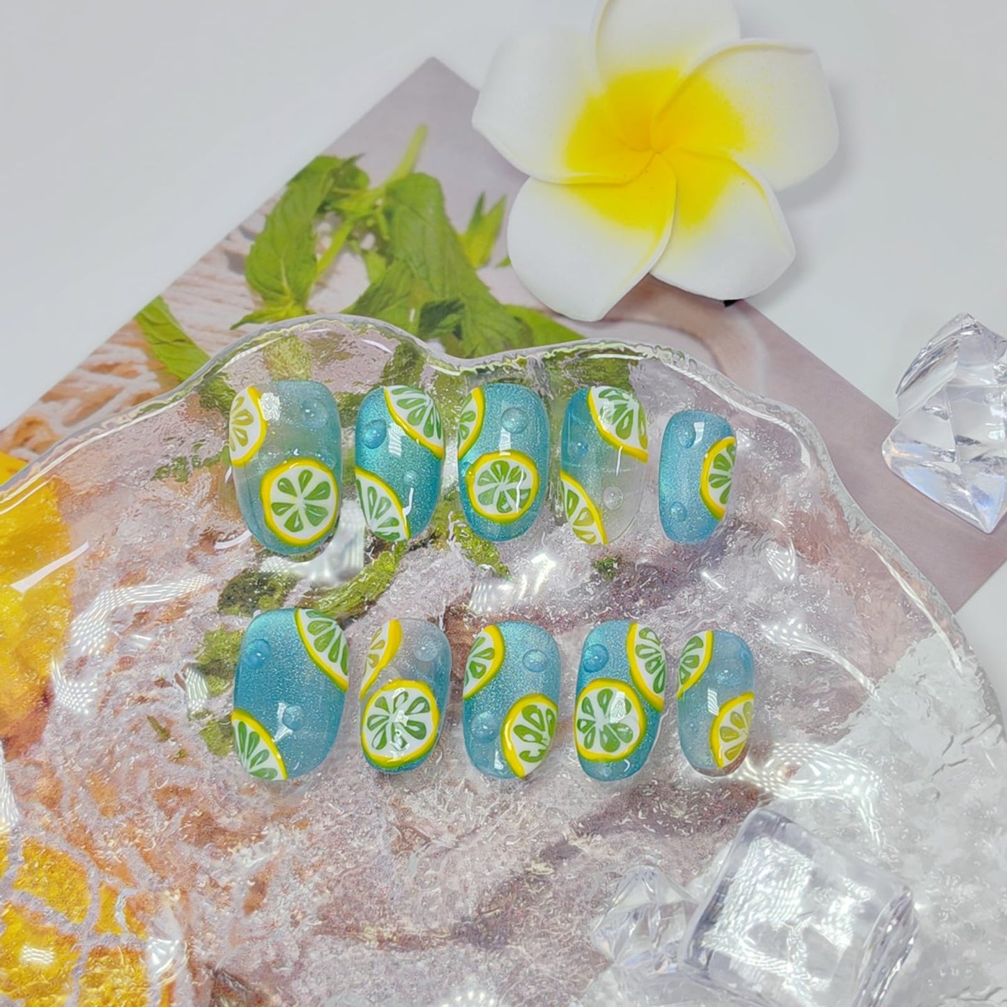 Short/Medium Oval Nails Handmade Glitter Press on Nails with Designs, Cat Eye/Aurora Women Reusable False Nails (Sea Salt Lemon#Medium)