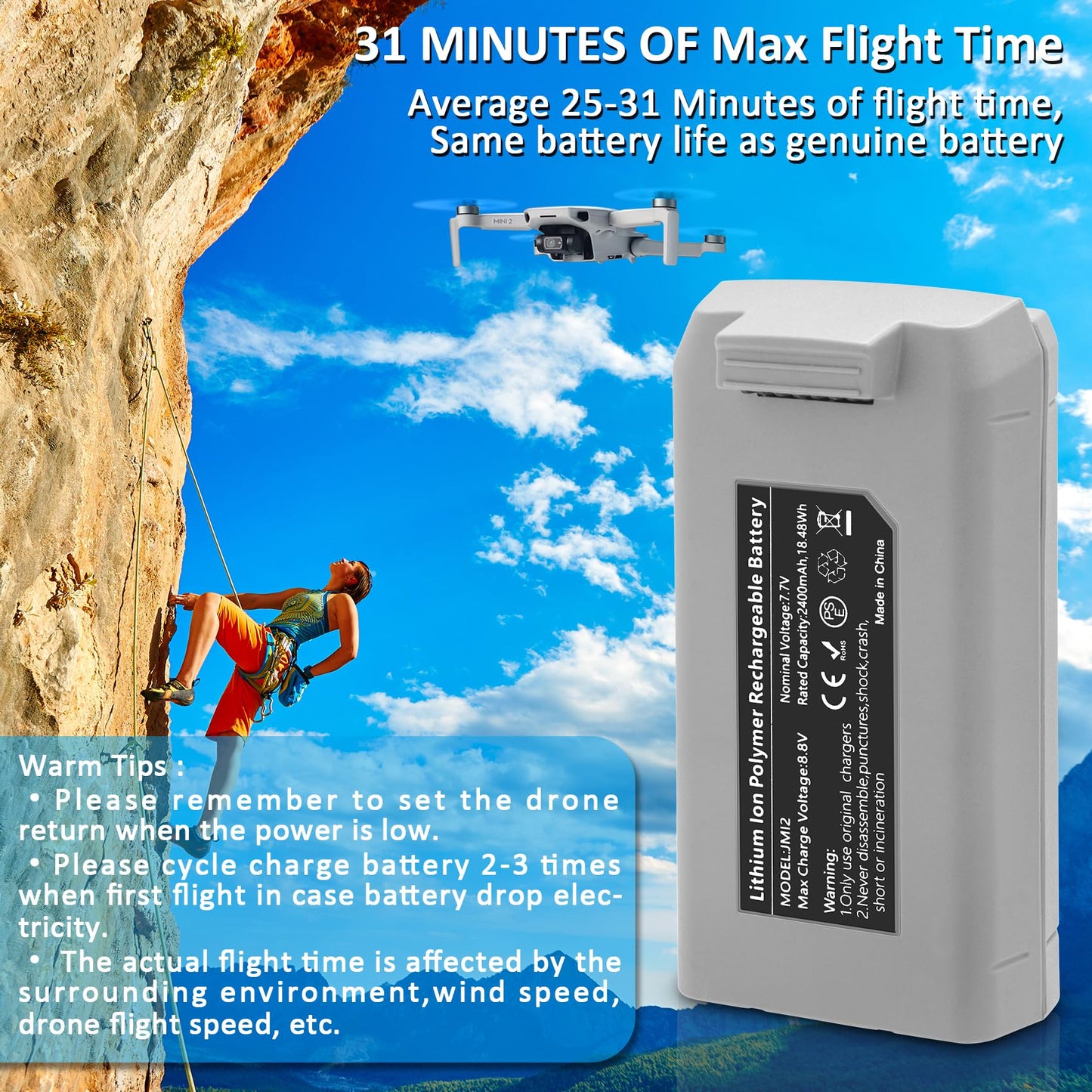 COOLSHOW Intelligent Flight Mini 4K Battery 2 Packs 2400mAh and Smart LED Triple Battery Charger Two-Way Charging Hub Compatible with DJI Mini 2/2 SE/4K/SE