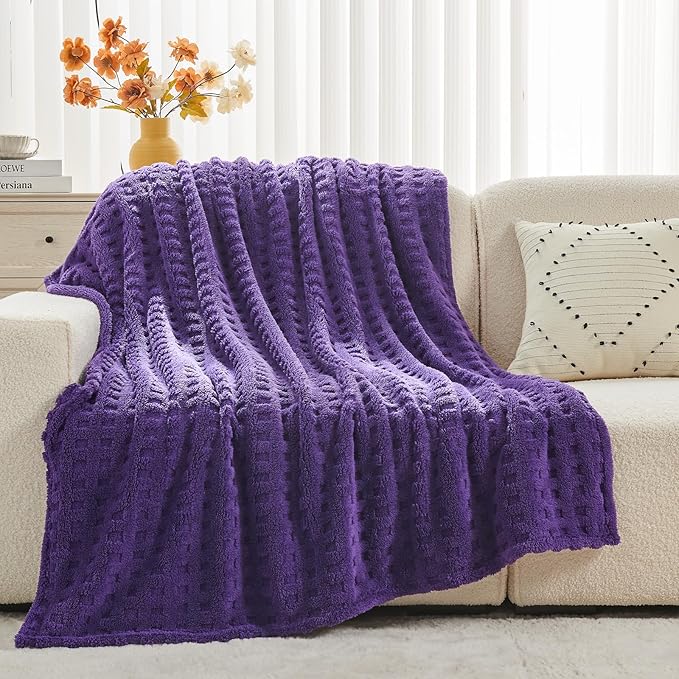 NEWCOSPLAY Super Soft King Blanket Purple Premium Silky Flannel Fleece 3D Waffle Checkered Lightweight Bed Blanket All Season Use (Dark Purple, King(90"x110"))