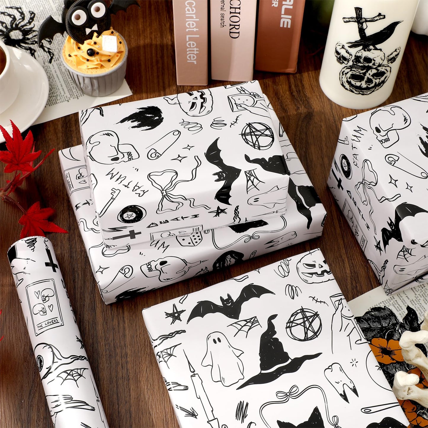 JarThenaAMCS Halloween Wrapping Paper - Mini Roll - 17 Inch x 32.8 Ft Black Cat Ghost Bat Gift Wrap Paper Single-Sided for Home Party DIY Crafts