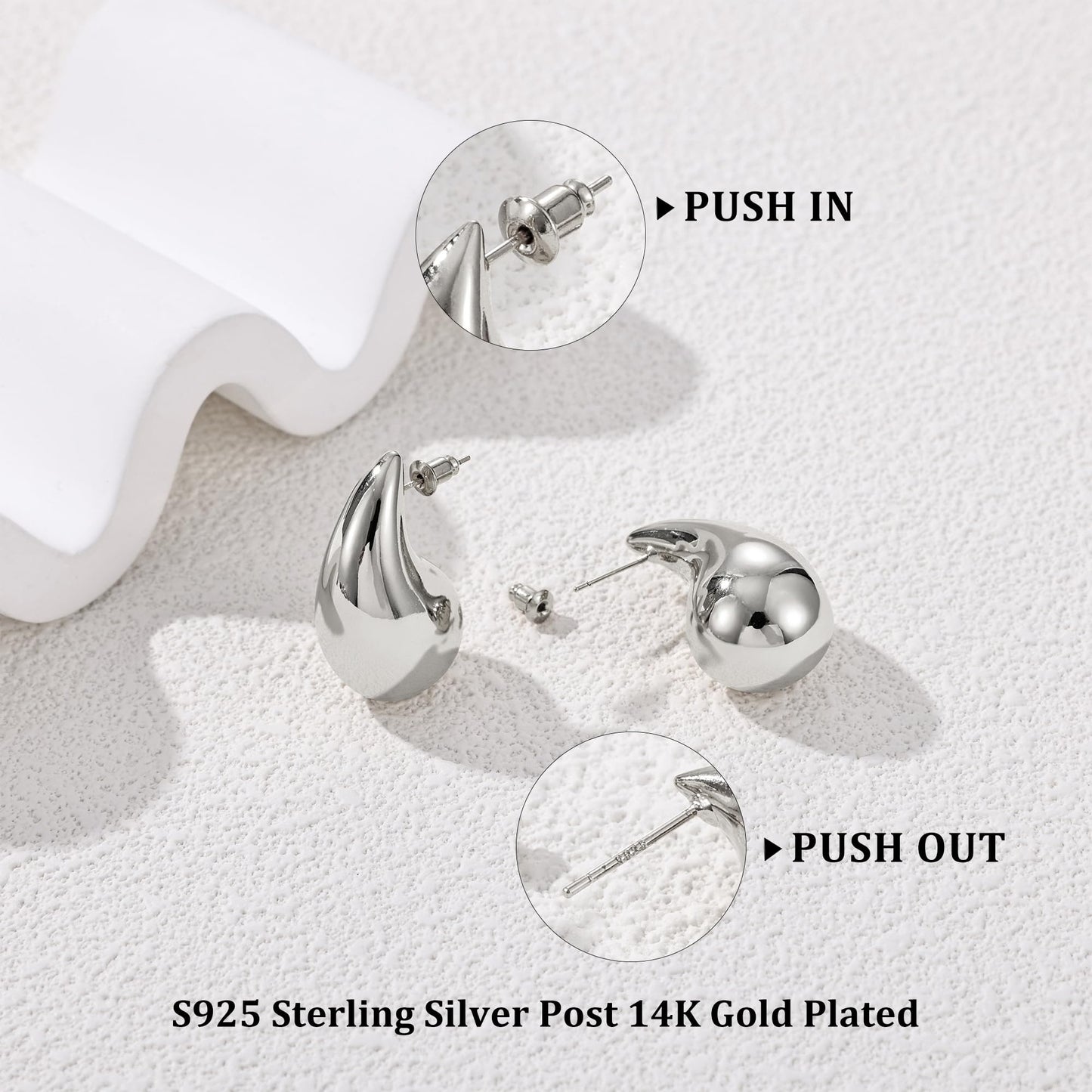 Gacimy Silver Tone Teardrop Earrings Dupes for Women, Chunky Drop Earrings for Women with 925 Sterling Silver Post, 1 Inches