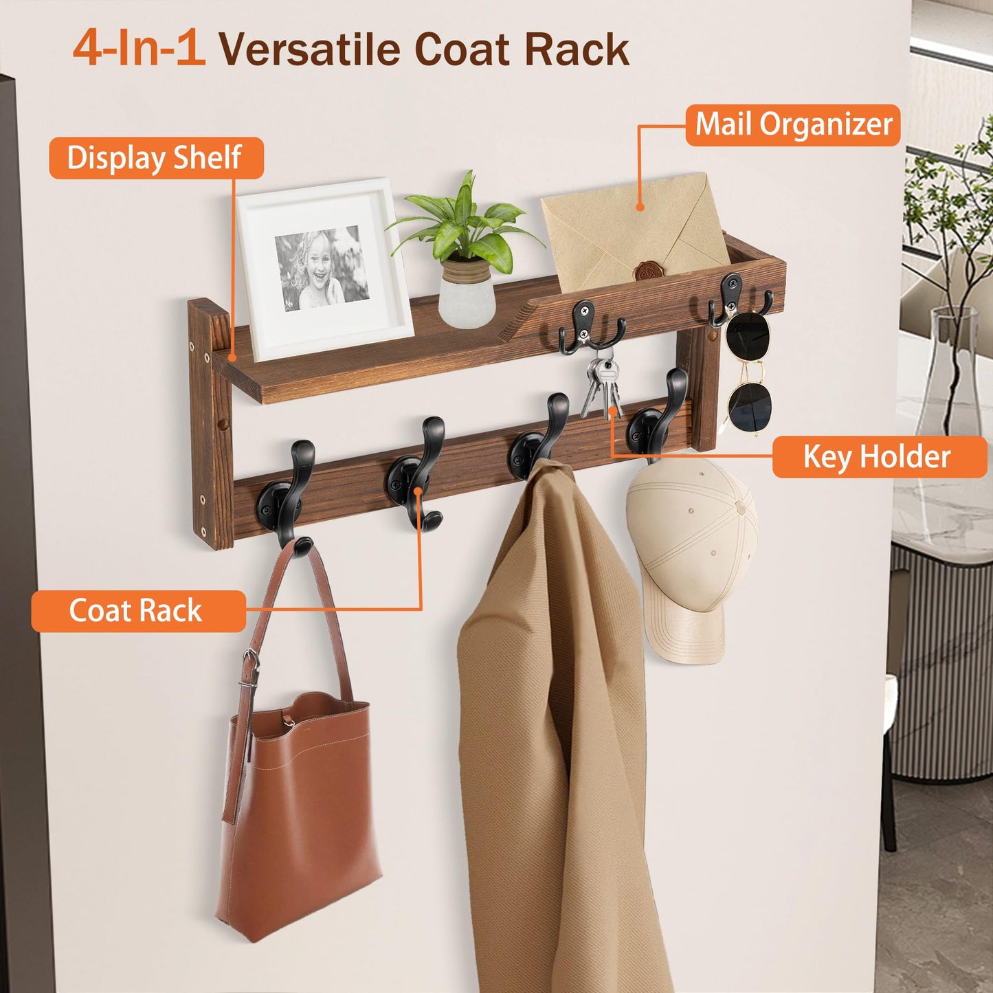 dreampossible Coat Rack Wall Mount with Shelf, Coat Hanger Wall Mount with Key Hooks and Mail Holder, Wood Entryway Floating Shelf with Hooks and Storage, Hat Rack for Wall Key Holder Mail Organizer