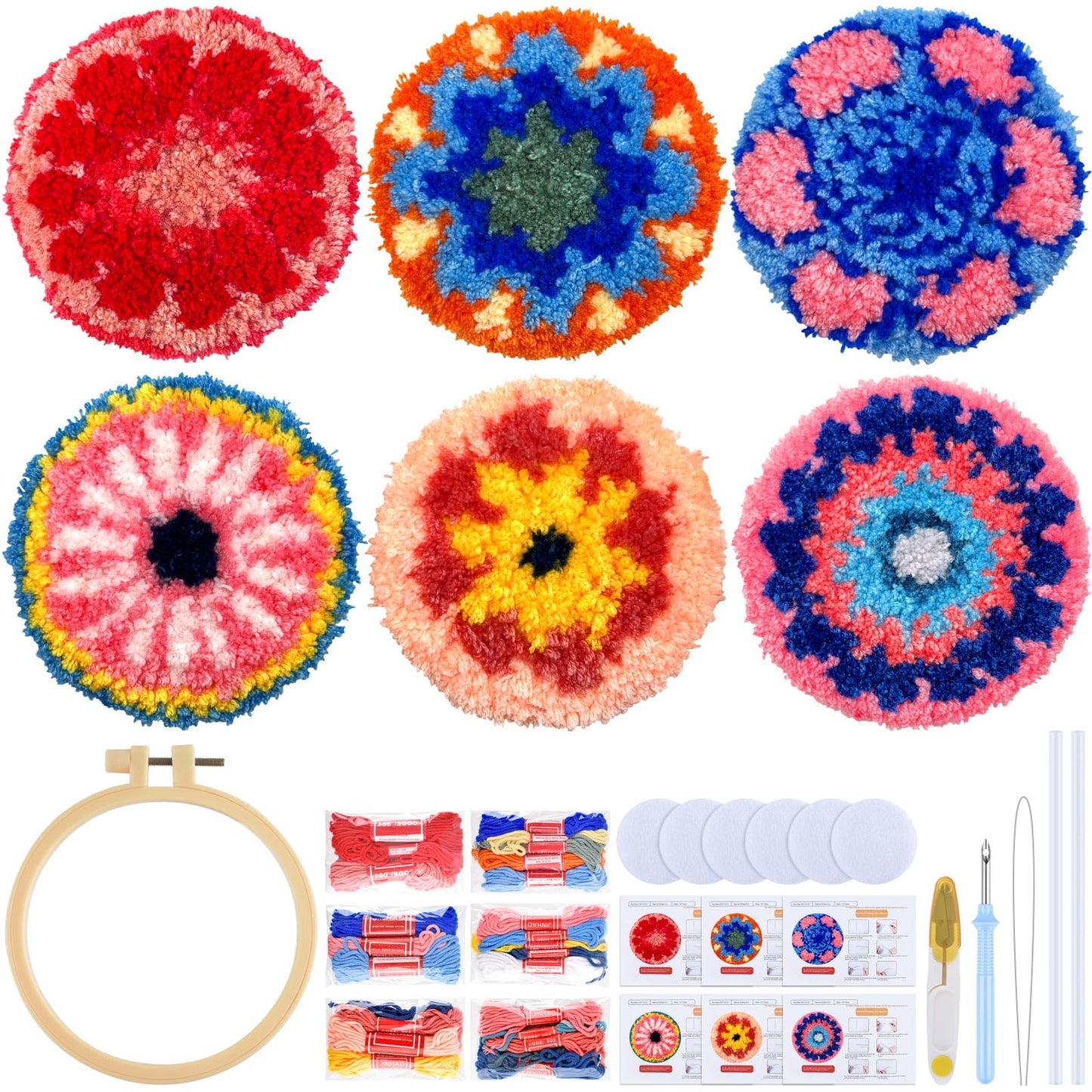 ERKOON Punch Needle Coasters Kit Adults Beginners, 6 Pcs DIY Easy Coaster Embroidery Set for Starter Art Craft, Needling Punching Project with Patterns, Tools, Yarns, Hoop, Instruction