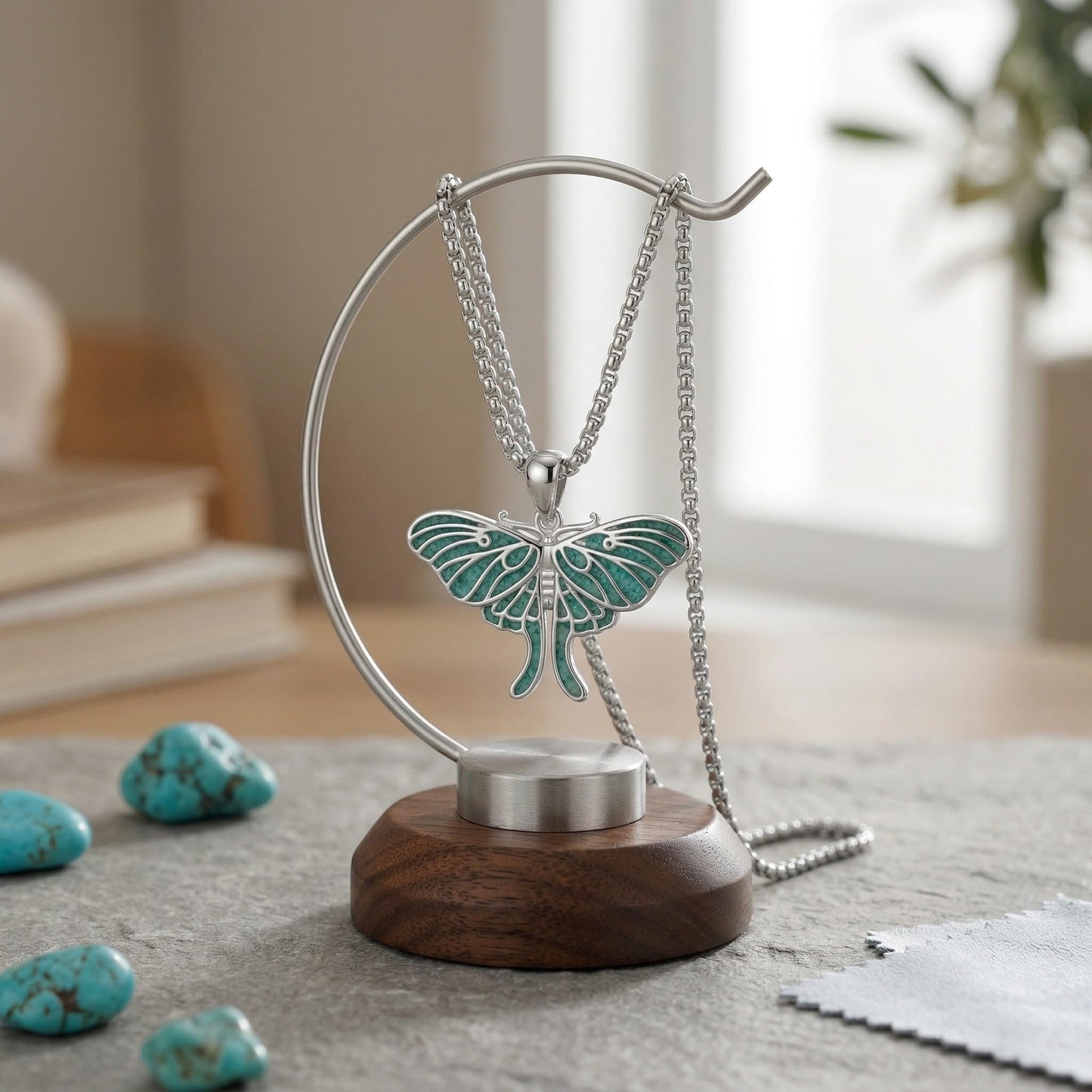 HKPATOP Turquoise Moth Necklace 925 Sterling Silver Moth Pendant Nature Insect Jewelry Gift for Women