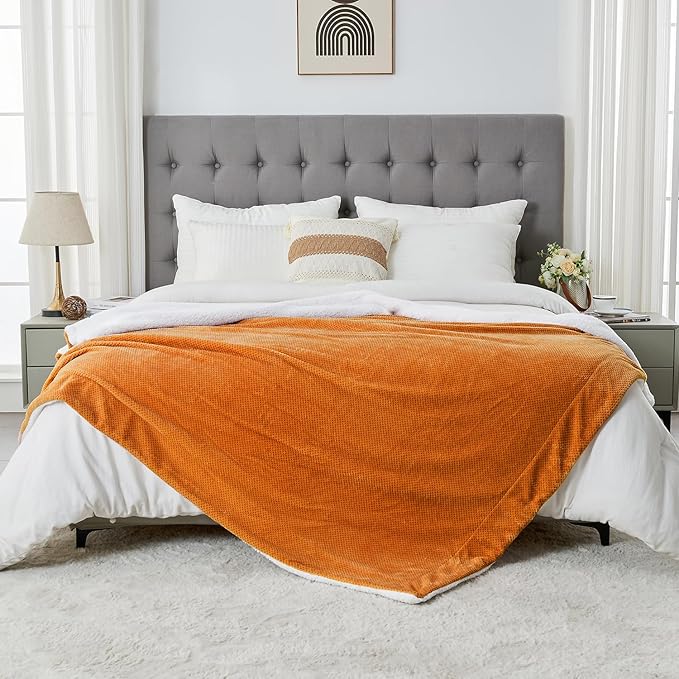 SOCHOW Waffle Sherpa Fleece Throw Blanket, Super Soft Fuzzy Warm, Lightweight Fluffy Reversible Plush Blanket for Bed Sofa Couch, 50 x 60 Inches Burnt Orange