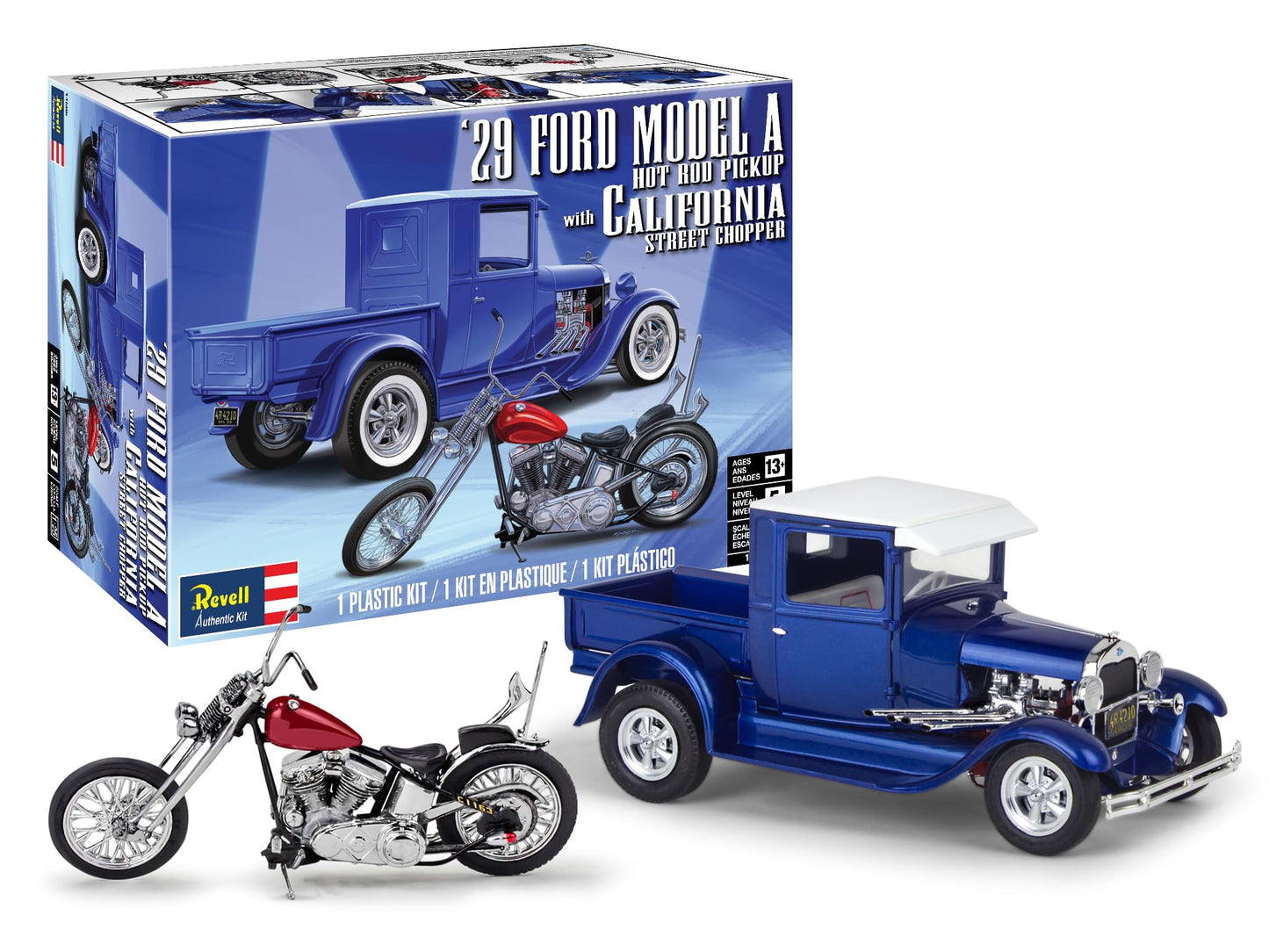 Revell 14565 1929 Ford Model A Hot Rod Pickup with California Street Chopper 1:25 Scale 205-Piece Skill Level 5 Model Building Kit