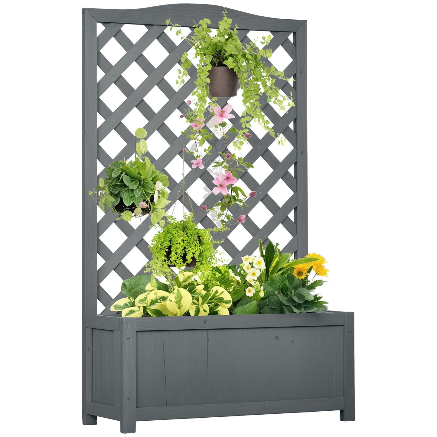 Outsunny Wooden Raised Garden Bed with Trellis, 46" Planter Box, to Grow Vegetables, Herbs, and Flowers for Backyard, Patio, Gray