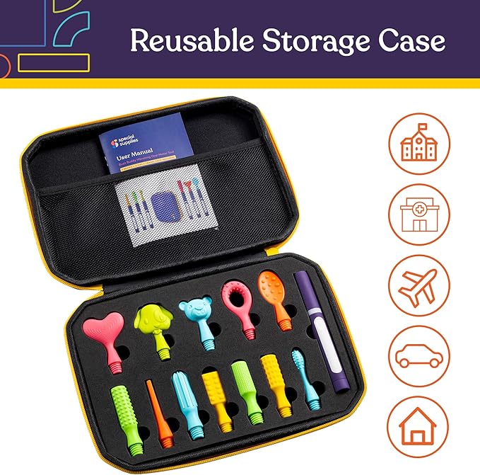 Special Supplies Buzz Buddy Oral Motor Stimulation kit with 12 Soft Textured Interchangeable Heads, Calm Sensory Needs, Support Speech, and Stimulate Self Feeding, Gentle Vibrations