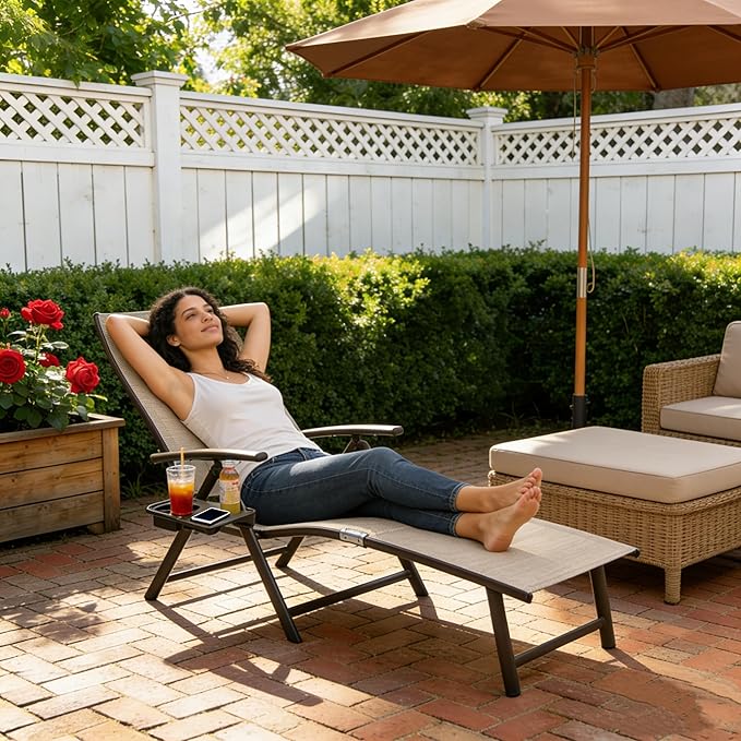 Kozyard Aluminum Outdoor Chaise Lounge Chair, Adjustable Reclining Patio Lounge with Drink Holder, Weather-Resistant Pool, Deck & Yard Recliner, Assemble-Free(2Pack, Beige)