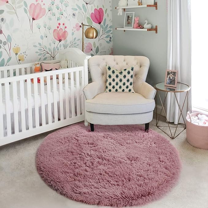 Blush Round Rug 6Ft for Bedroom, Fluffy Fuzzy Plush Circle Area Rugs for Baby Kids Room Decor Aesthetic, Shaggy Circular Carpet for Teen Girls Nursery Dorm Playroom, Cute Large Dusty Rose Mauve Rug