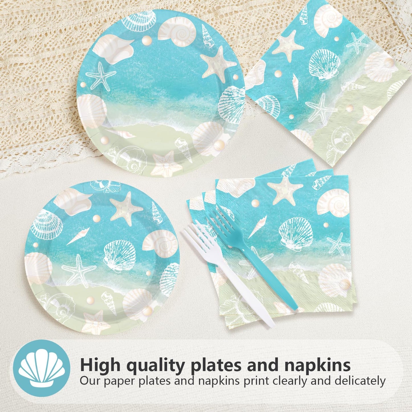 Greencian 200Pcs Seashell Beach Party Decorations Beach Seashell Starfish Plates and Napkins Disposable Ocean Themed Party Tableware Sets for Birthday Baby Shower Wedding Supplies Serves 50