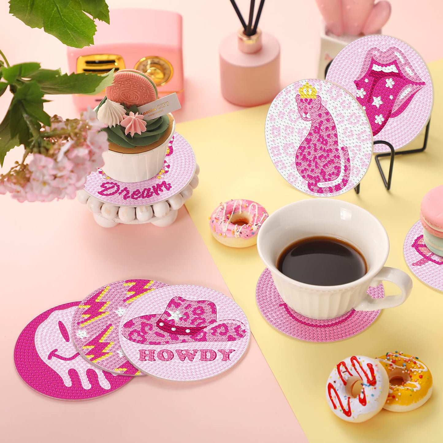 Shellwei 8 Pcs Pink Preppy Diamond Painting Art Coasters with Holder Y2k Smile Face Butterfly Diamond Art Coaster Kit DIY Craft Gift for Adults Beginners