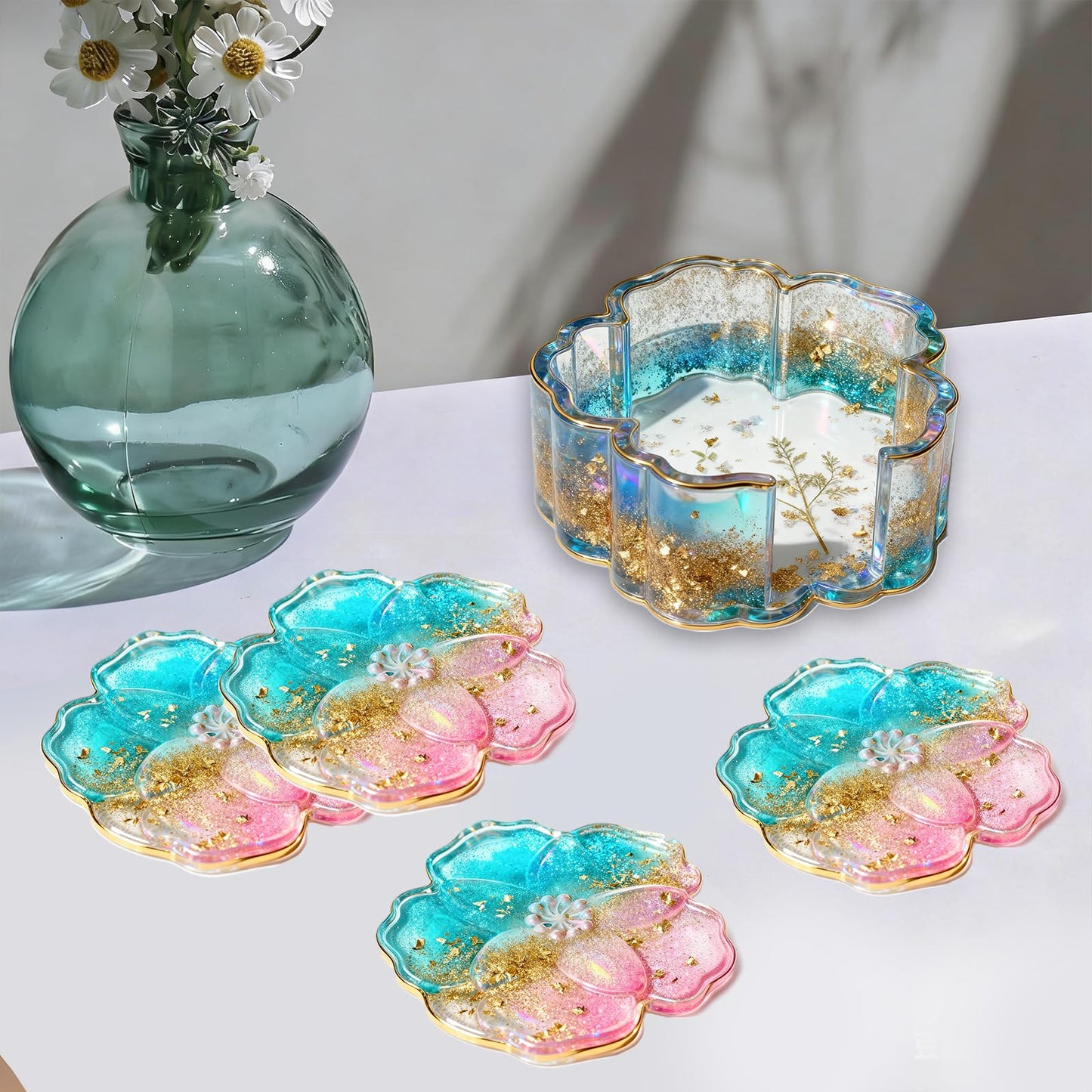 Panamalar Silicone Coaster Resin Molds, 5PCS Flower Coaster Molds with Holder Mold for Epoxy Resin, Coaster Tray Resin Casting Molds for DIY Art Craft Home Decoration Table Wine Cup Mat
