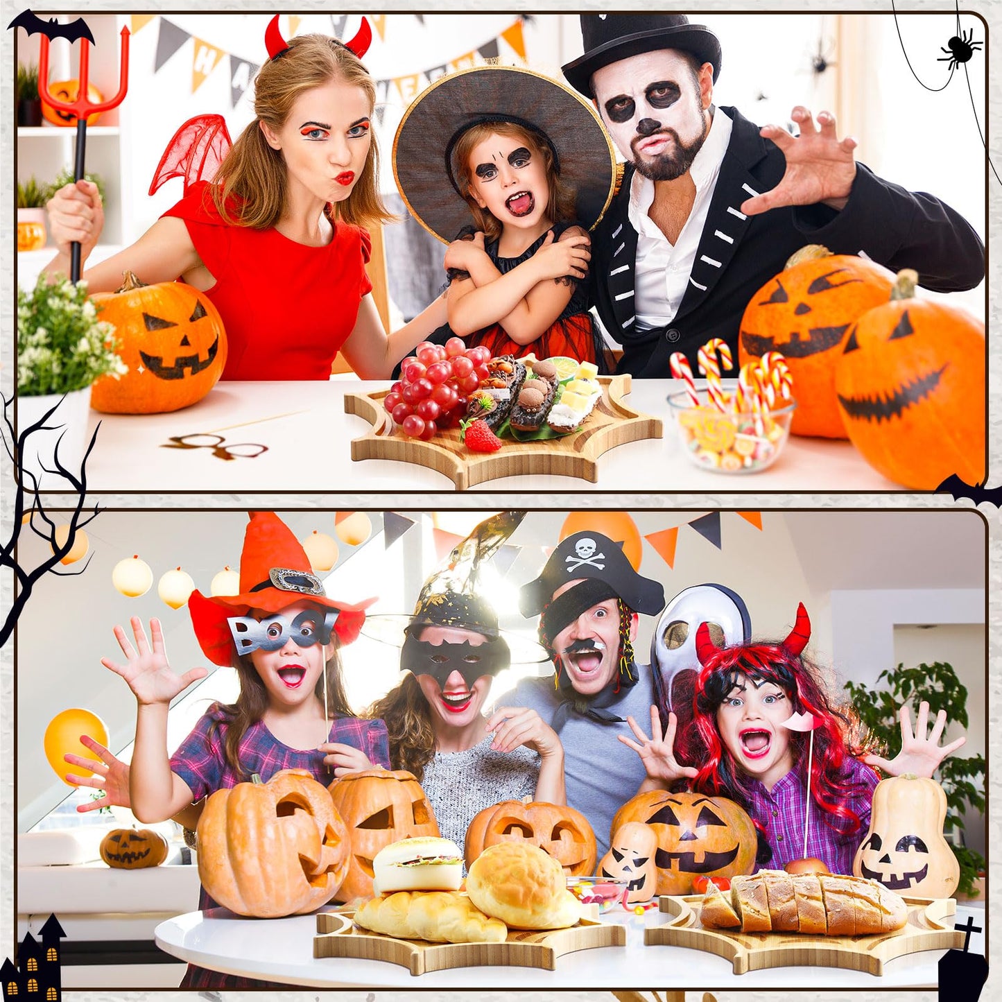 Sintuff 2 Pcs Halloween Charcuterie Board Funny Bamboo Wood Cheese Platter Tray Dinnerware Cookware Serving Tray Plates for Candy Cookie Home Party (Web, 12 x 12 x 0.8 Inch)