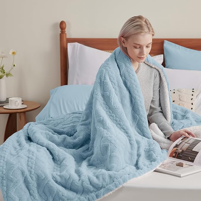 Bedsure Sherpa Fleece Blanket Twin Size for Bed - GentleSoft Fluffy & Cozy Cable Jacquard Tufted for Women Gift, Thick and Warm Blankets for Winter, Blue, 60x80 Inches