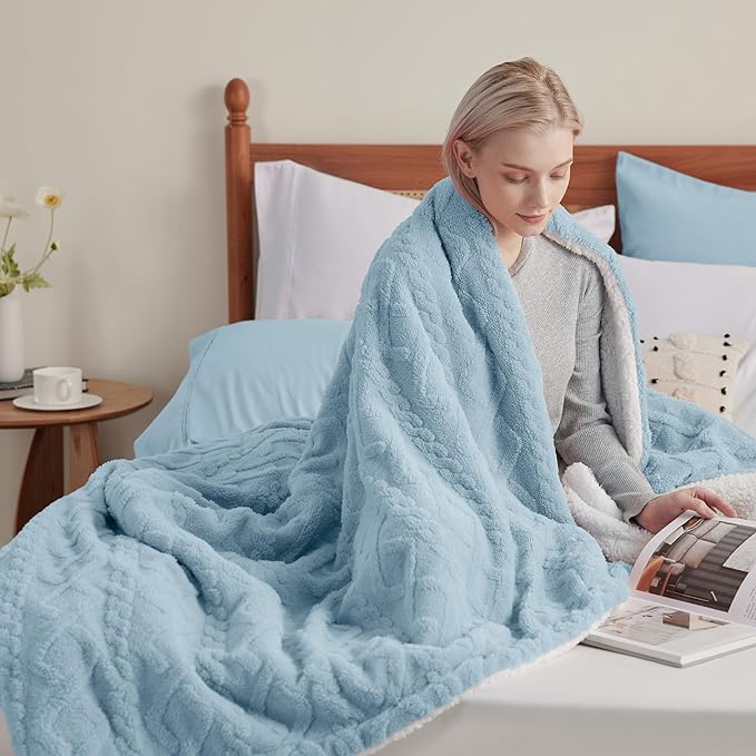 Bedsure Sherpa Queen Size Blanket for Bed - GentleSoft Fleece Fluffy & Cozy Cable Jacquard Tufted for Women Gift, Thick and Warm Blankets for Winter, Blue, 90x90 Inches