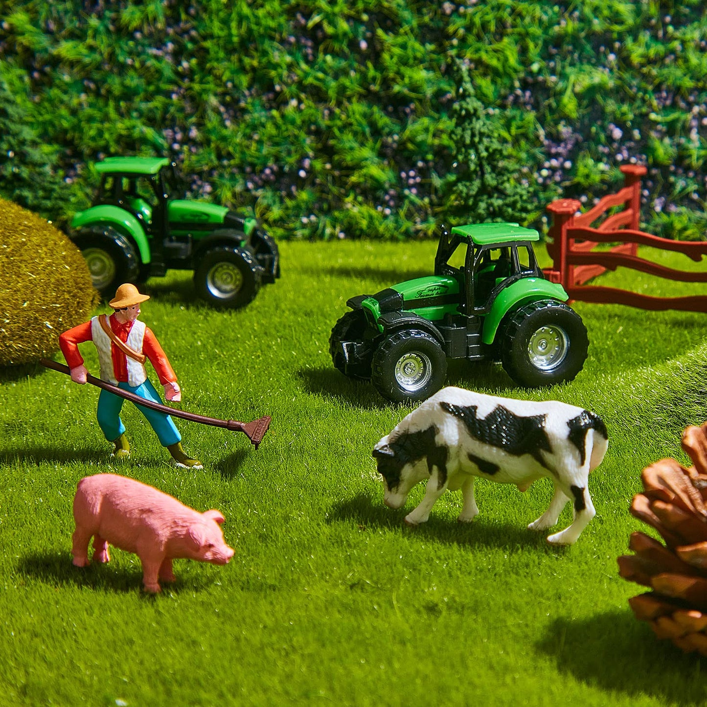 12 Pieces Tractor Cake Topper Set with Tree Farmer Fences Mini Barn Animal Figurines for Farm Animal Theme Party Birthday Party Decorations