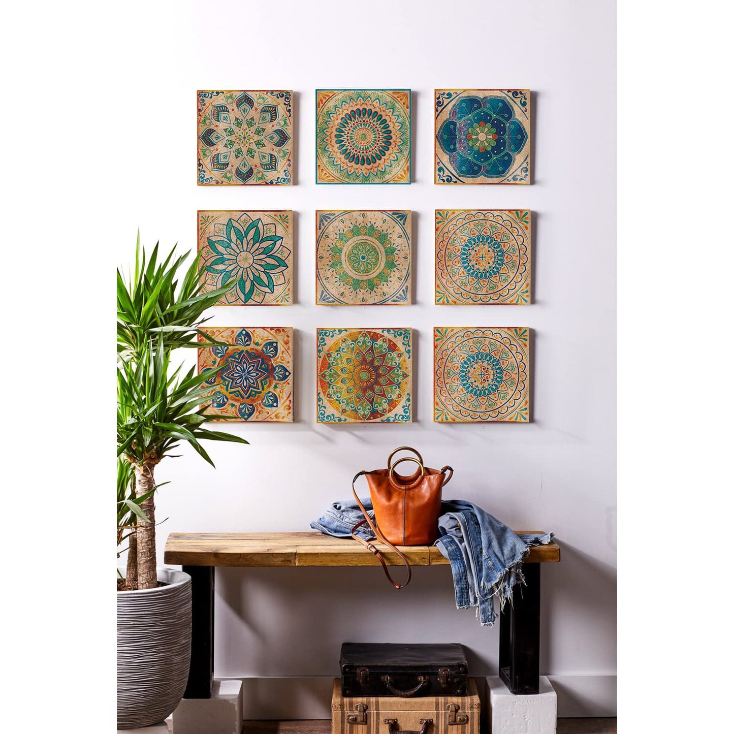 24 Pcs Mandala Style Tile Stickers, Peel and Stick Backsplash Tile Decals for Kitchen Bathroom Wall Furniture (Yellow, 6x6in)