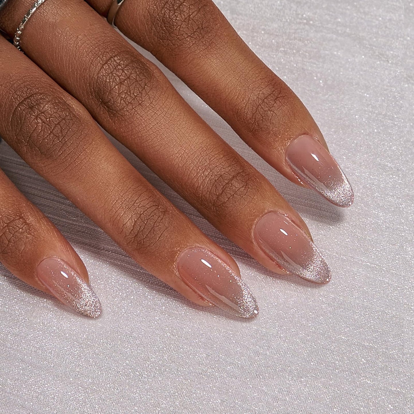 BTArtbox Press On Nails Almond - Medium Cat Eye French Tip Nails with Glue for Daily Nail Art, Fake Nail Extensions In 16 Sizes - 32 Nail Kit, Liquid Radiance