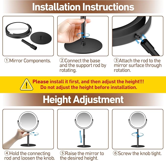 Magnifying Mirror with Light 20X, Height-Adjustable Lighted Makeup Mirror with Magnification, Double - Sided Aluminum Alloy LED Mirrors, 3 Lighting Modes Ideal for Bathroom Make-up, Black