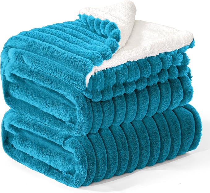 INFIIXSO Sherpa Fleece Queen Size Blanket - Super Soft & Warm Striped Fleece, Cozy Plush Fluffy Large Bed Blanket All Season Use (Teal, 90x90 Inches)