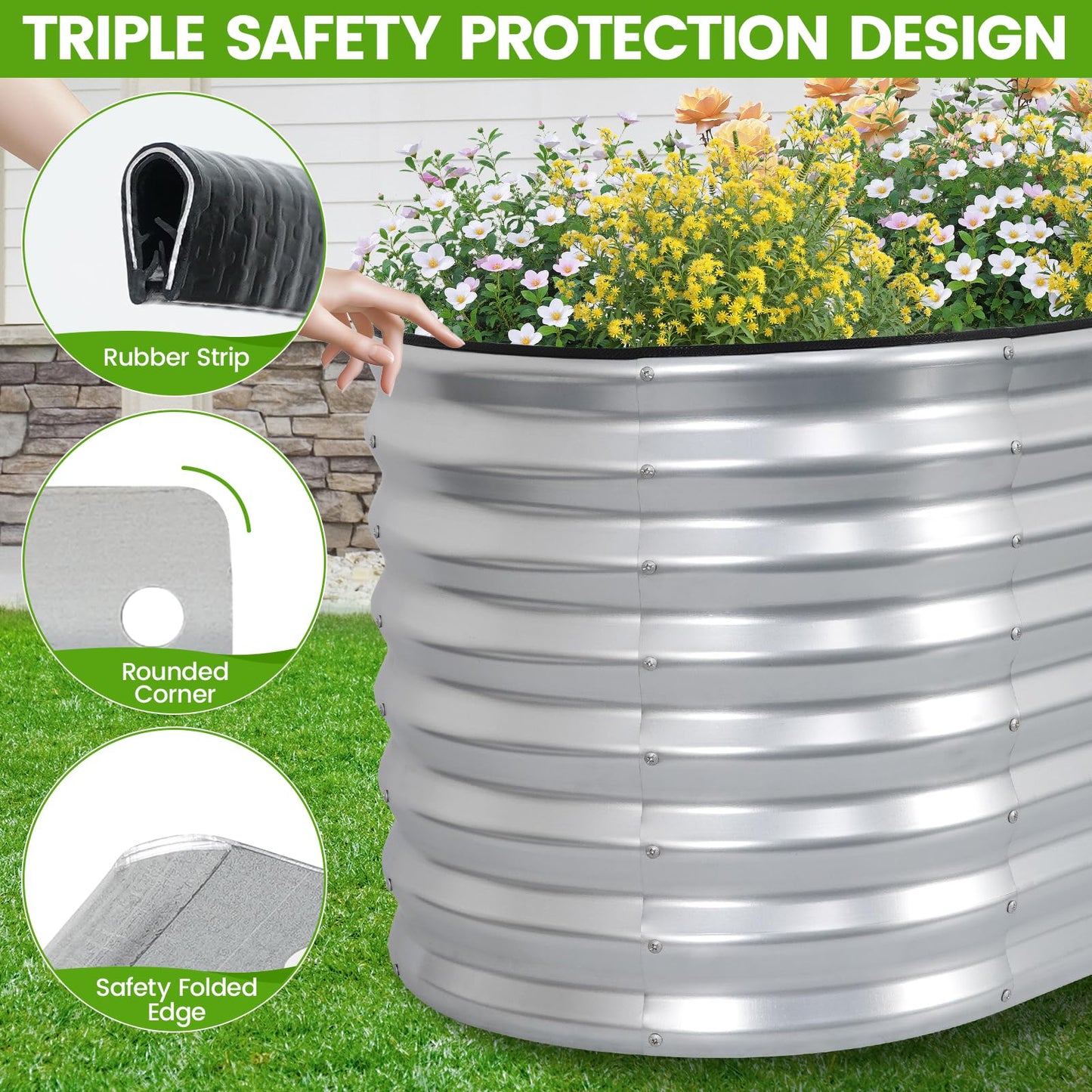 VIREO GARDEN Galvanized Raised Garden Bed Outdoor 24'' Deep | Oval Metal Garden Beds with Easy Assembly & Planter Box for Planting Deep Root Vegetables Fruits Flowers, 4x2x2ft Silver