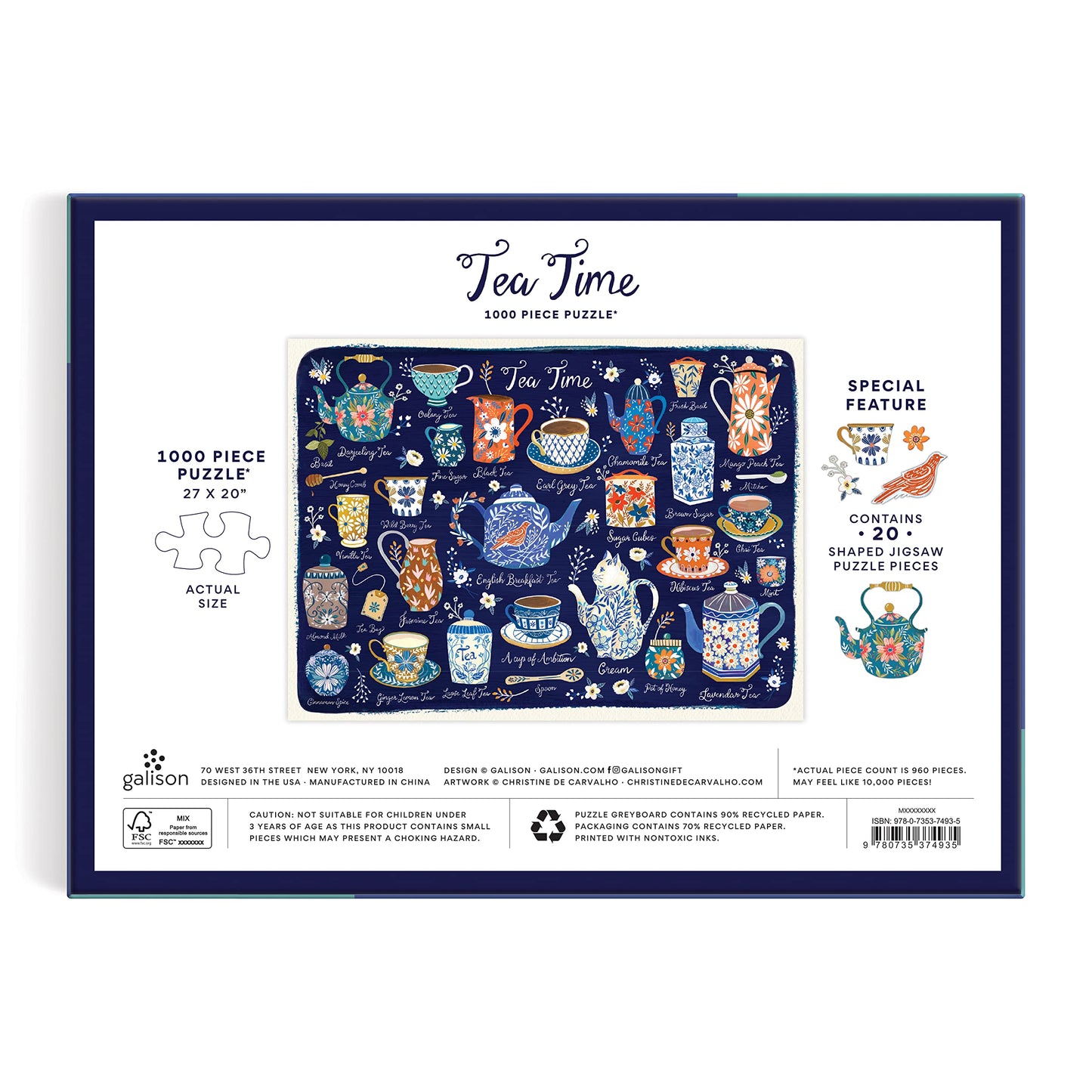 Tea Time 1000 Piece Puzzle with Shaped Pieces from Galison - 27” x 20” Puzzle with 20 Uniquely Shaped Pieces, Colorful Artwork, Thick & Sturdy Pieces, Challenging and Fun Puzzling Activity for Adults