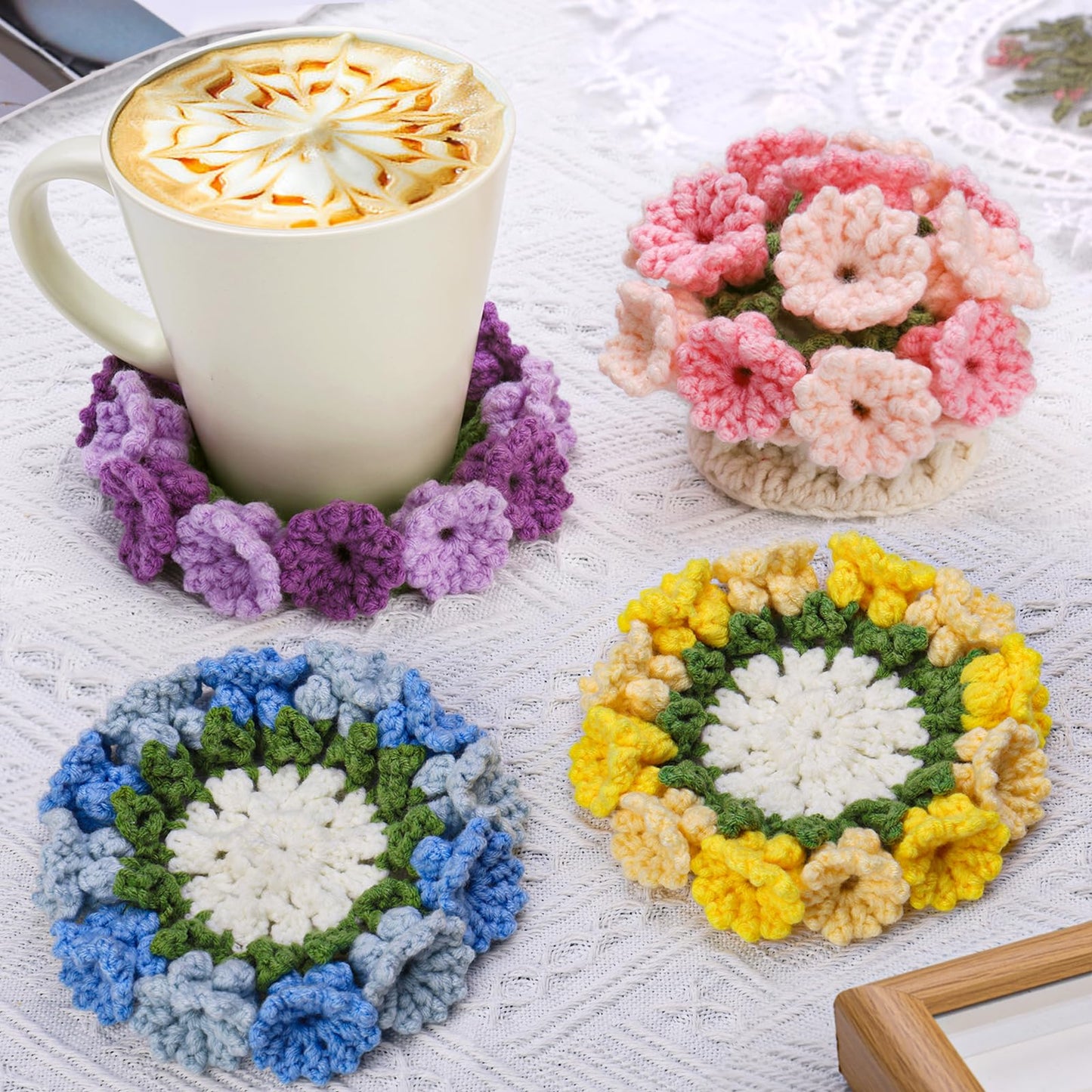 Iuuidu Crochet Kit for Beginners-4PCS Coaster Pot Crochet Kits Coaster Crochet Flower Kit with Crochet Yarns, Hooks, Easy Videos Tutorials to Crochet for Office, Coffee Table, Home Decor