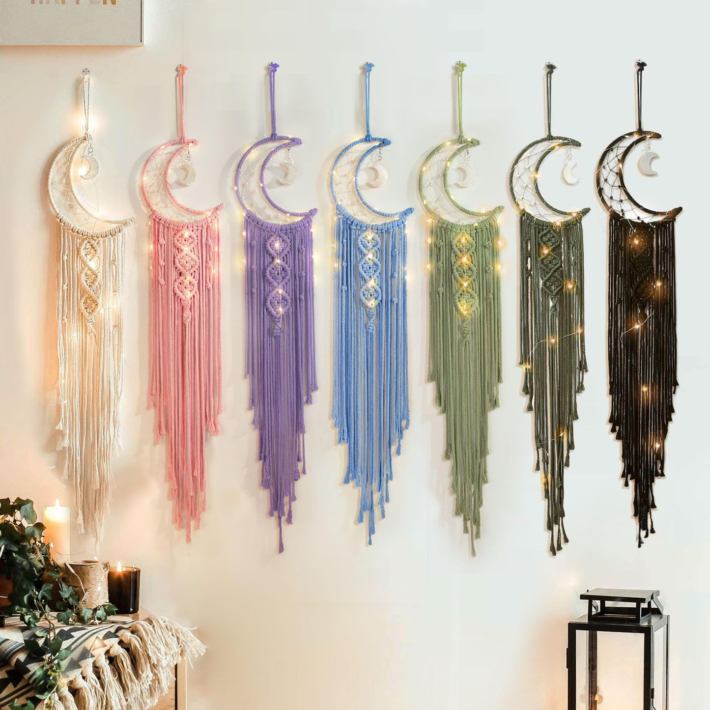 Olive Macrame Moon Dream Catcher, Boho Crescent Phase Woven Wall Hanging with Light, Handmade Unique Bohemian Nursery Decor with Star Ornament Decoration for Home Bedroom, for Girl Kids