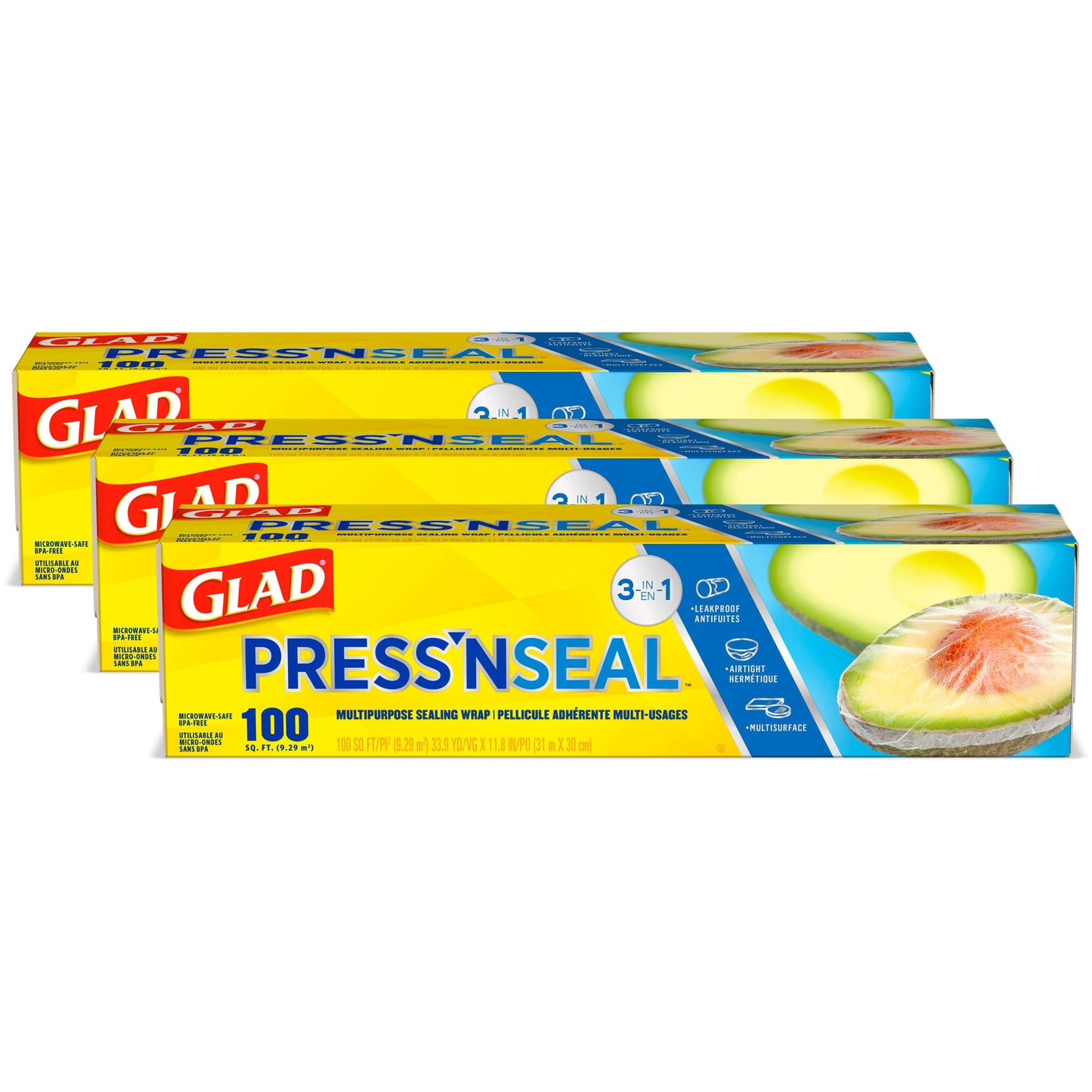 Glad Press'N Seal Plastic Food Wrap, 100 Square Foot Roll, Pack of 3, (Package May Vary)