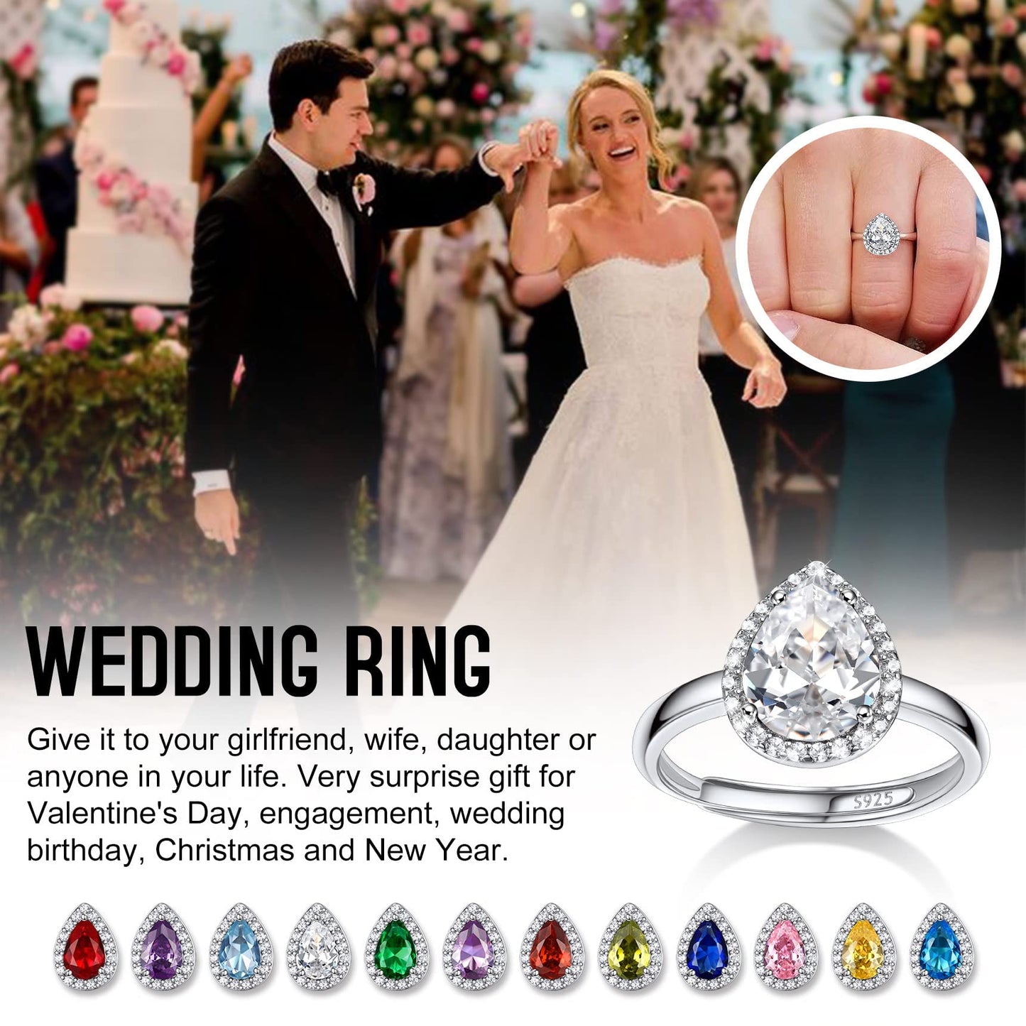 Bestyle 925 Sterling Silver Teardrop Cut Gemstone Cubic Zirconia Rings for Women April White Diamond Rings, Statement and Promise Ring for Engagement/Wedding/Anniversary/Valentines Day