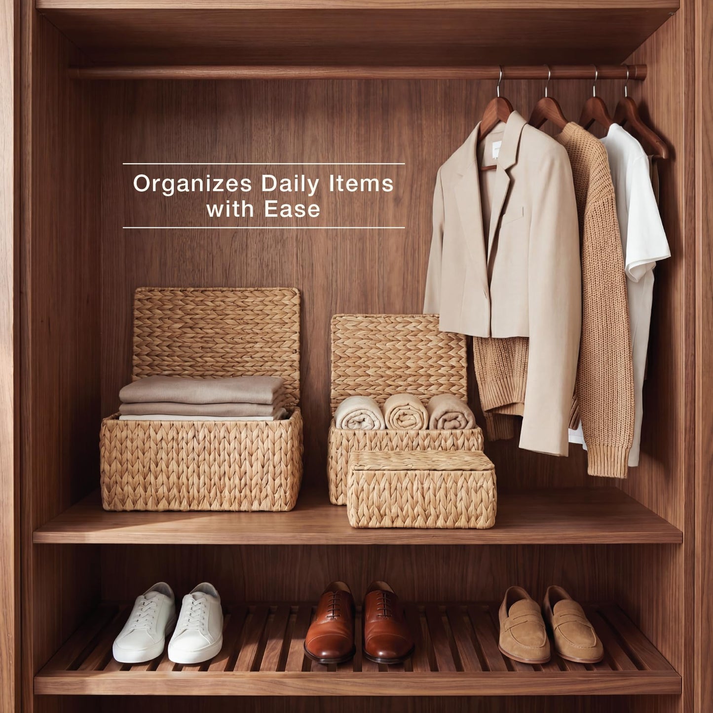84ECO Set of 3 Wicker Baskets with Lid - Woven Storage Basket with Lid - Decorative Storage Boxes for Bathroom, Bedroom and Shelves