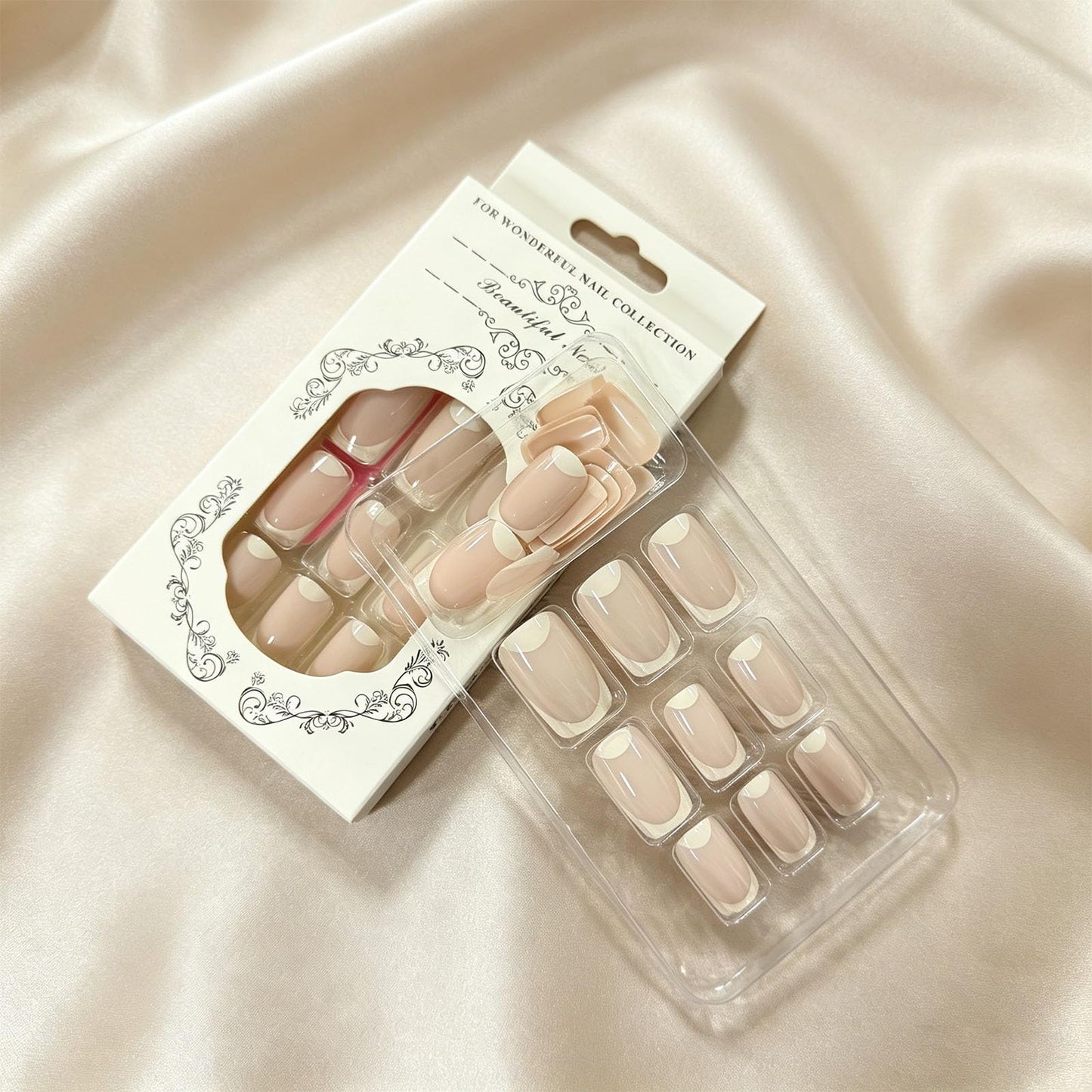 White French Tip Press On Nails, Medium Square Fake Nails with Half Moon Design, Nude Pink Glossy False Nails Reusable Acrylic Stick On Nails for Women, 24 Manicure Kit with Adhesive Tabs