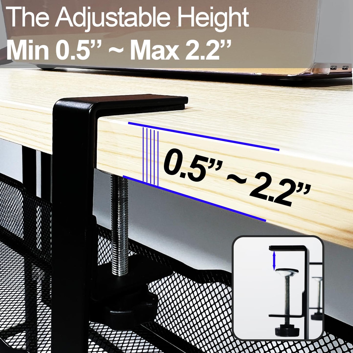 No Drill Under Desk Cable Management Tray with clamp-Premium Wire Tray Cord Organizer – Thin Steel Cable Tray Basket with Charger Holder for Desk–Black Cable Management Box–Easy to Install