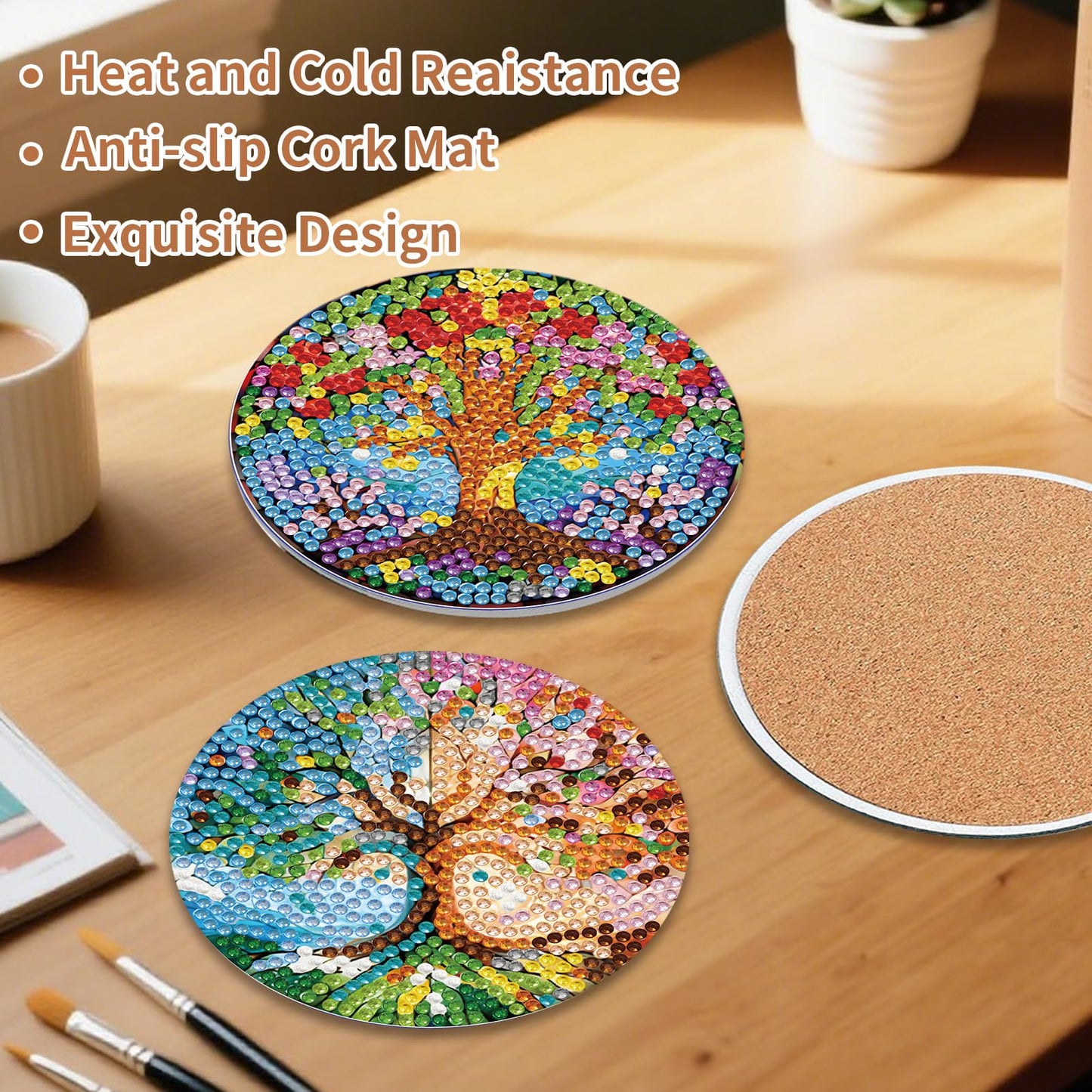 PERFECTSIGHT 6 Pcs DIY Diamond Art Painting Coasters with Holder, Cute Diamond Paint Coaster Kits for Adults, Kawaii Full Drill Diamond Art Craft, Paint by Number Non Slip Coaster - Multicolor Tree
