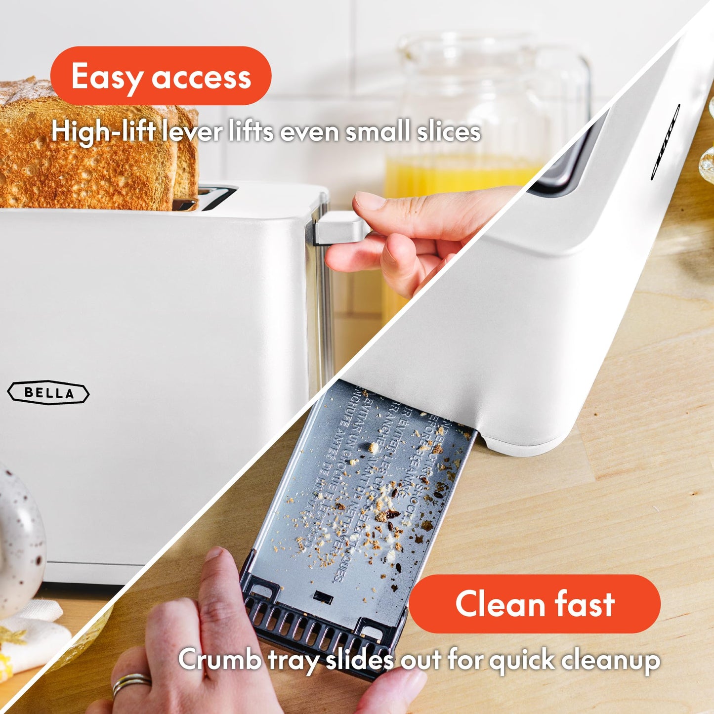 bella 2 Slice Toaster with Auto Shut Off - Extra Wide Slots & Removable Crumb Tray and Cancel, Defrost & Reheat Function - Toast Bread, Bagel & Waffle, White