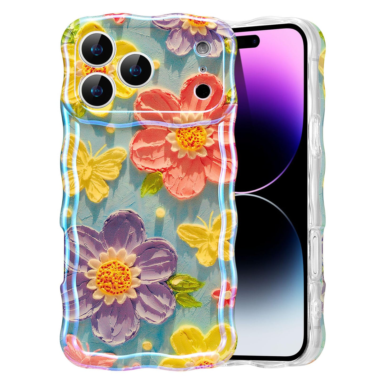 EYZUTAK Case for iPhone 17 Pro, Colorful Retro Oil Painting Flower Laser Glossy Pattern Cute Curly Wave Edge Exquisite Phone Cover Stylish Durable TPU Protective Case for Women - Butterfly Flower