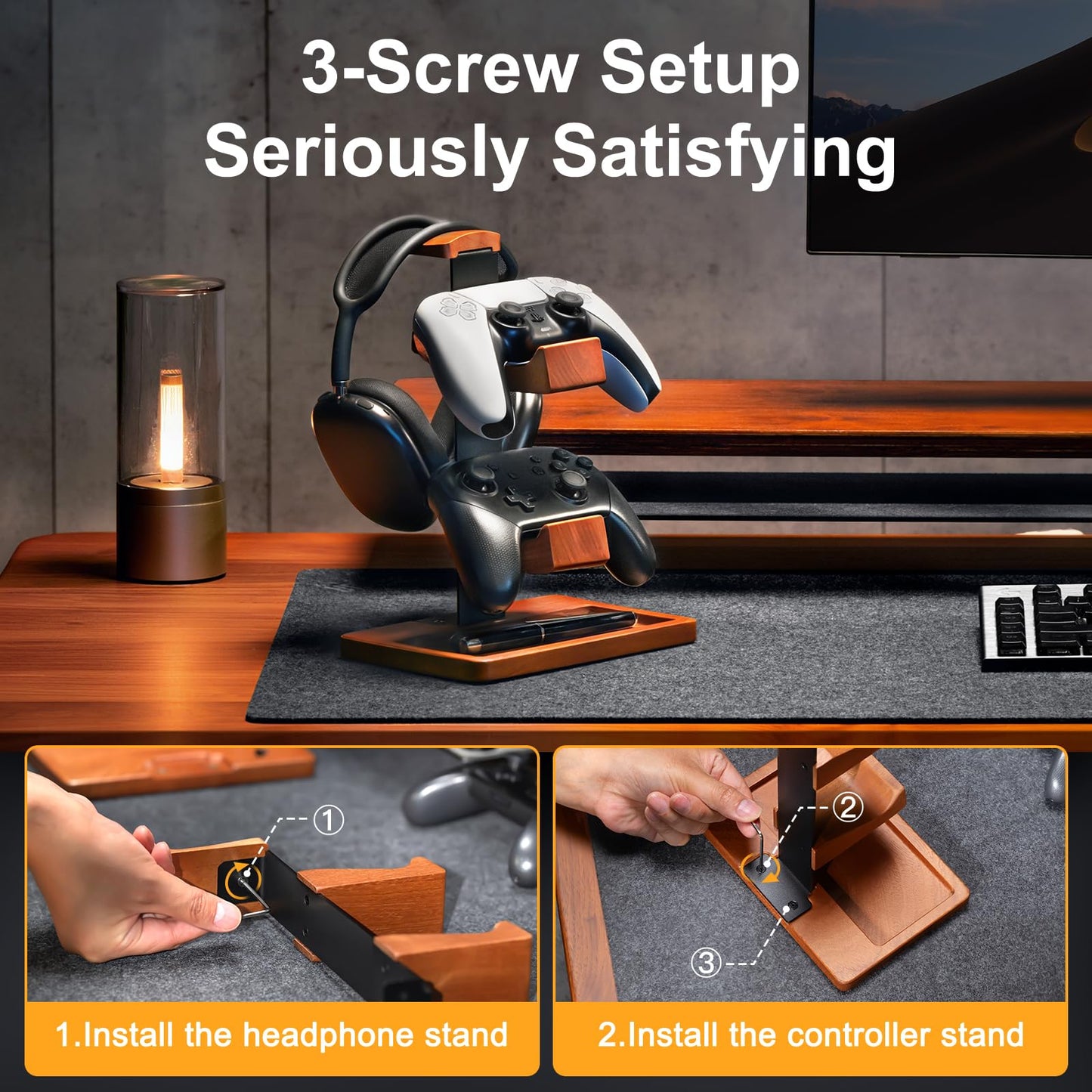 HUMANCOZY Solid Wood Controller Holder and Headphone Stand, Gaming Controller Stand for Desk, Dual Controller Organizer Rack, Fits Xbox, PS4, PS5, Gamepad, Headset Holder for Son, Husband, Boyfriend