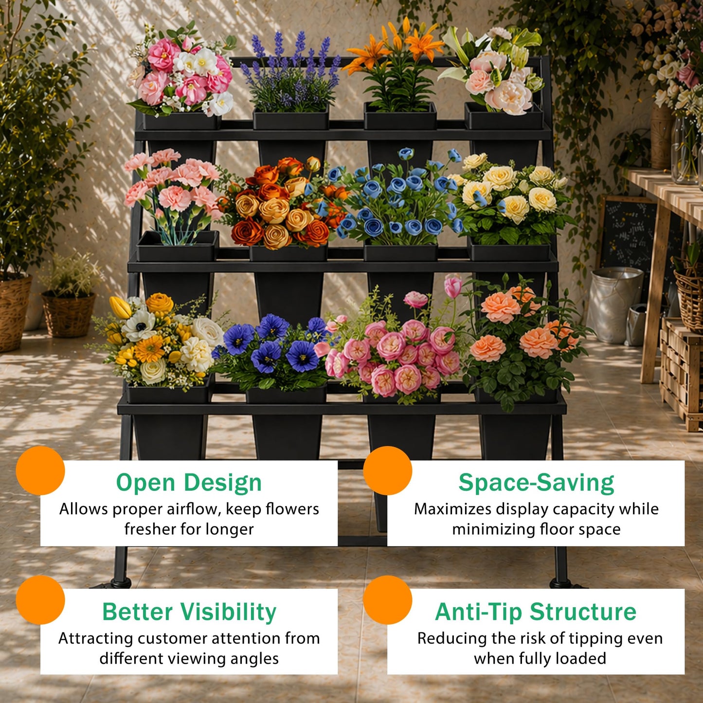 PROLEE Flower Stand with 12 Buckets, Flower Display Stand with Wheels, Flower Cart, Moving Florist Bouquet Shelf, Triangular, Black
