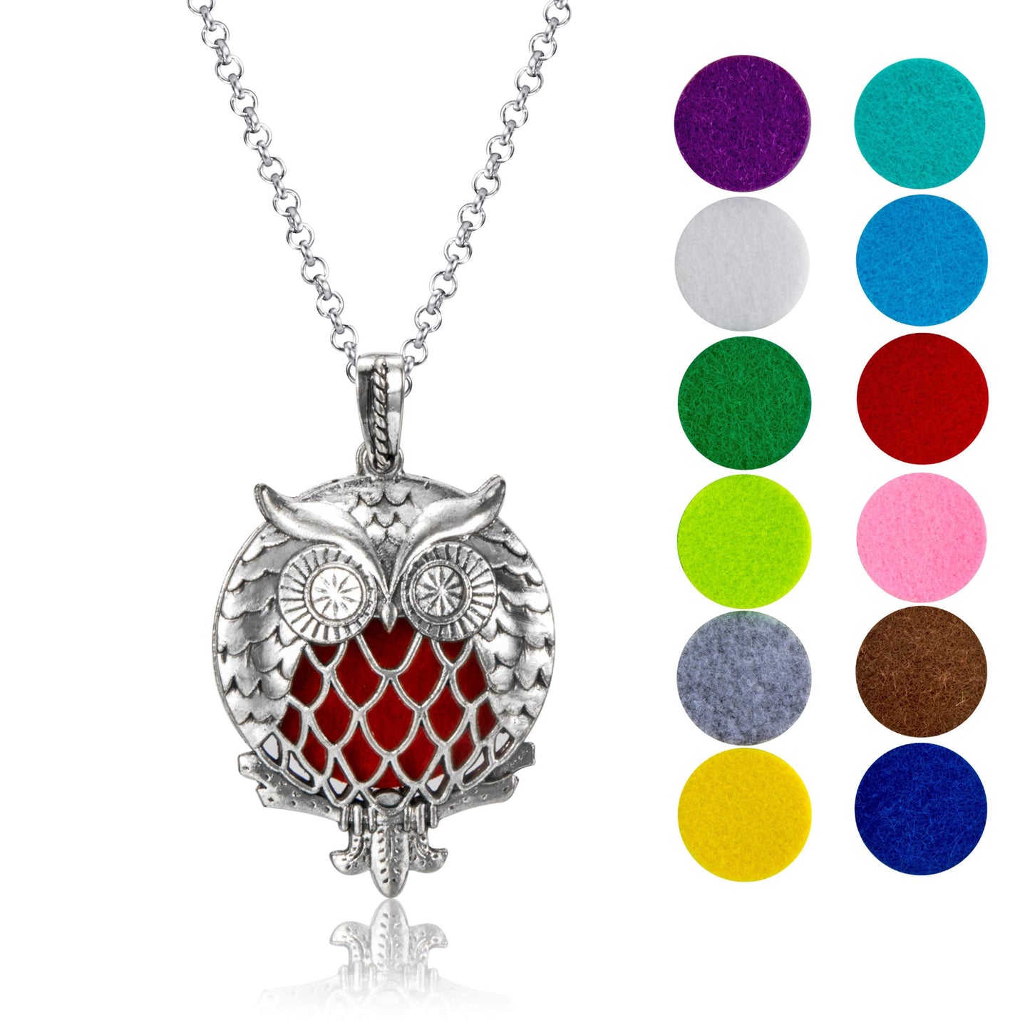 Wild Essentials Owl of Athena Essential Oil Diffuser Nickel Free Alloy Locket Pendant with 24 inch Chain, 12 Color Refill Pads, Customizable Color Changing Perfume Jewelry for Aromatherapy