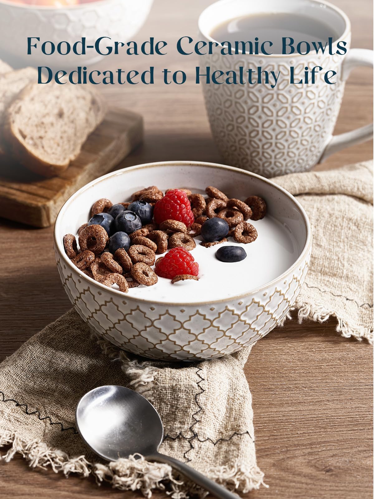 DOWAN Soup Bowls Set of 6, 26 OZ Cereal Bowls for Kitchen, 6" Ceramic Embossment Bowl for Salad, Pho, Fruits, Rice, Large Bowls Decor & Housewarming Gift, Dishwasher & Microwave Safe