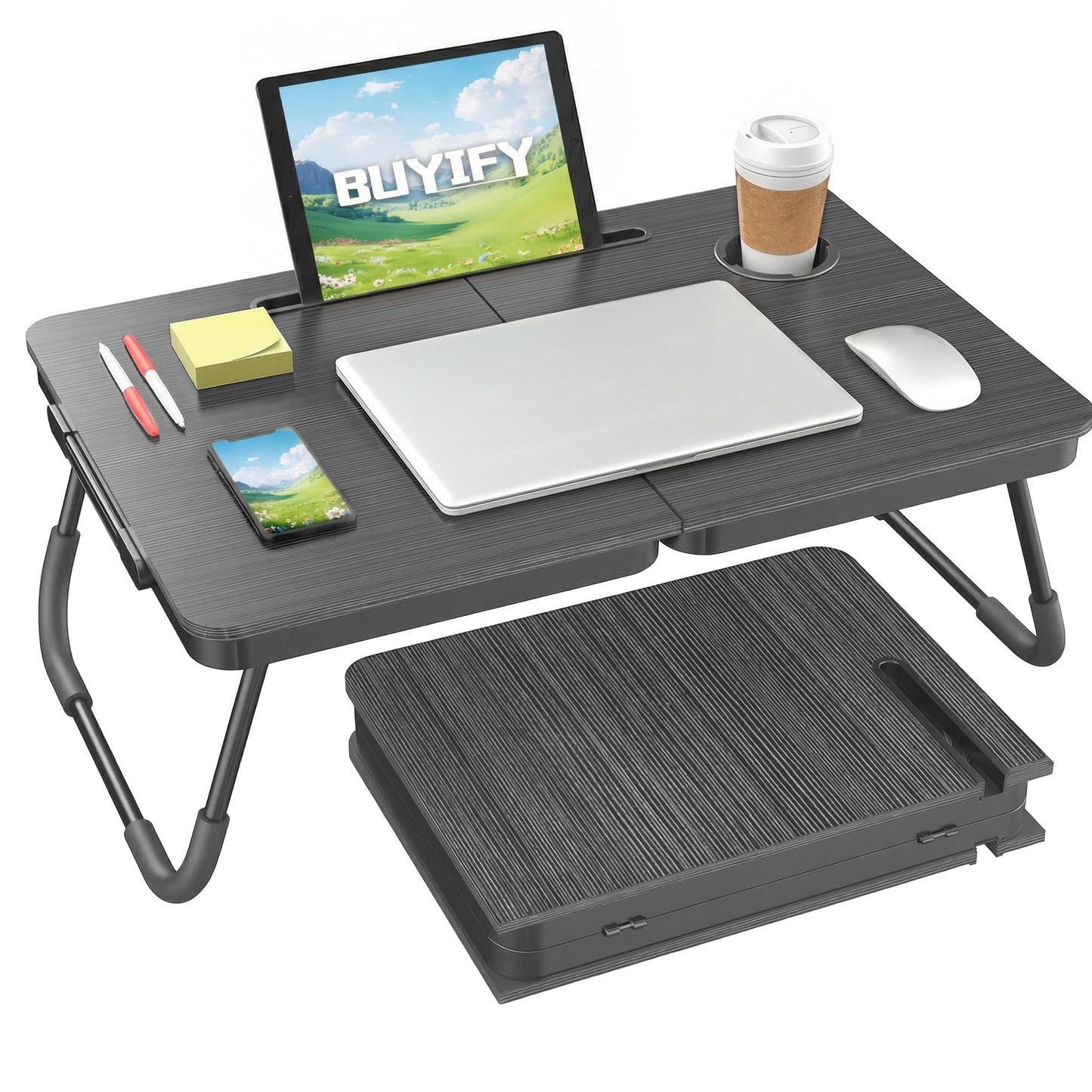BUYIFY Foldable Laptop Bed Desk for Couch, Sofa - Large Lap Desk Tray Table with Cup Holder and Tablet Slot - Portable Notebook Stand for Eating, Writing, Studying and WFH (Black)- USA Original Patent