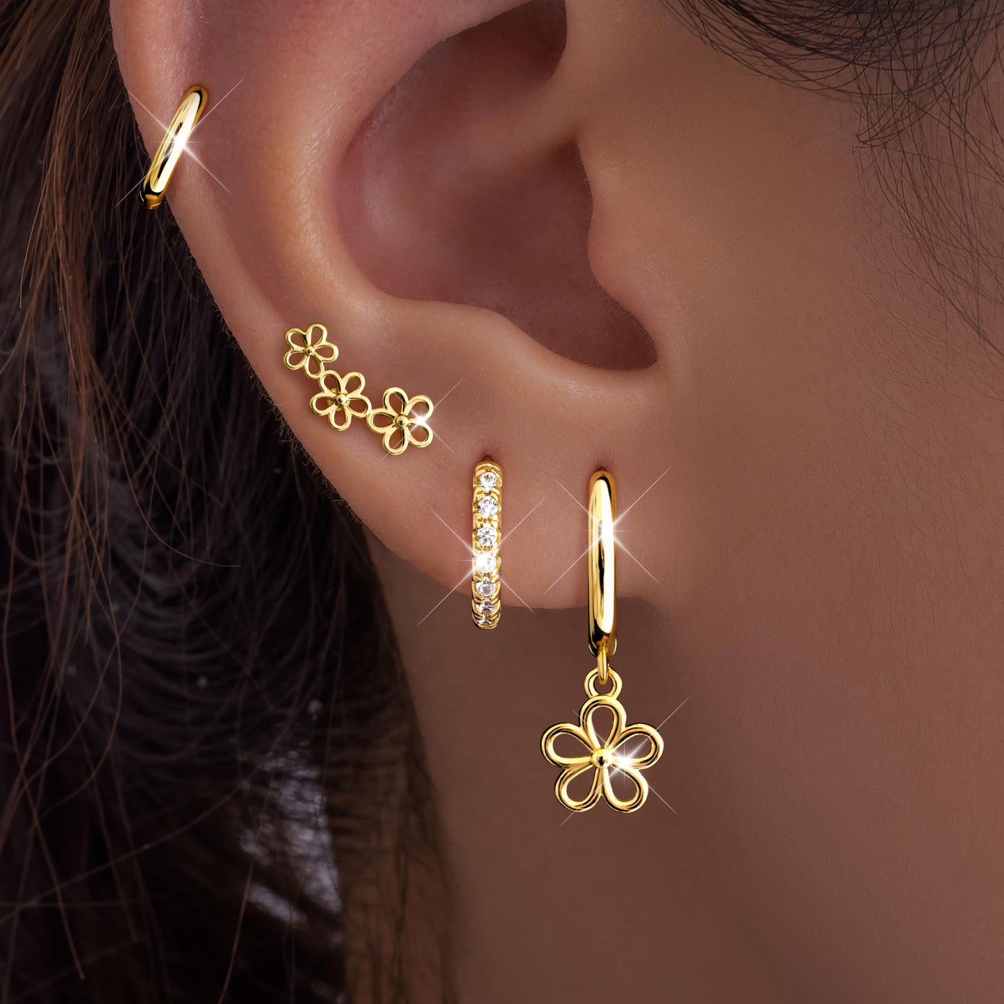 Gold Flower Earrings for Women,Huggie Small Stack Cartilage Stud Hoop Earring Sets for Multiple Double Piercing, Conch Helix Rook Tragus Daith Piercing Gold Clip On Jewelry Set Gifts