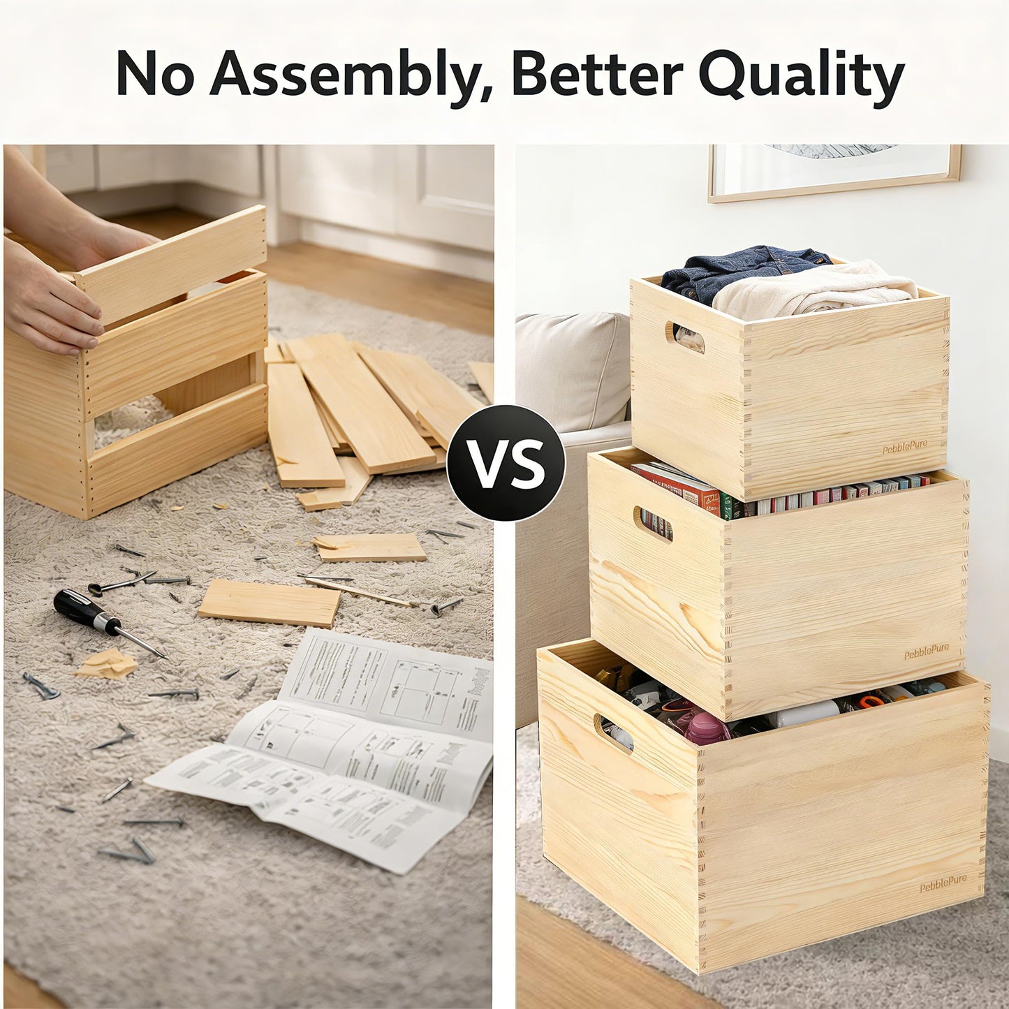 PebblePure Set of 3 Large Wood Storage Crates (Up to 14.5"x14"x10"), Fully Assembled, Seamless Dovetail Unfinished Farmhouse Solid Natural Nesting Wood Crates for Home Office Retail Display