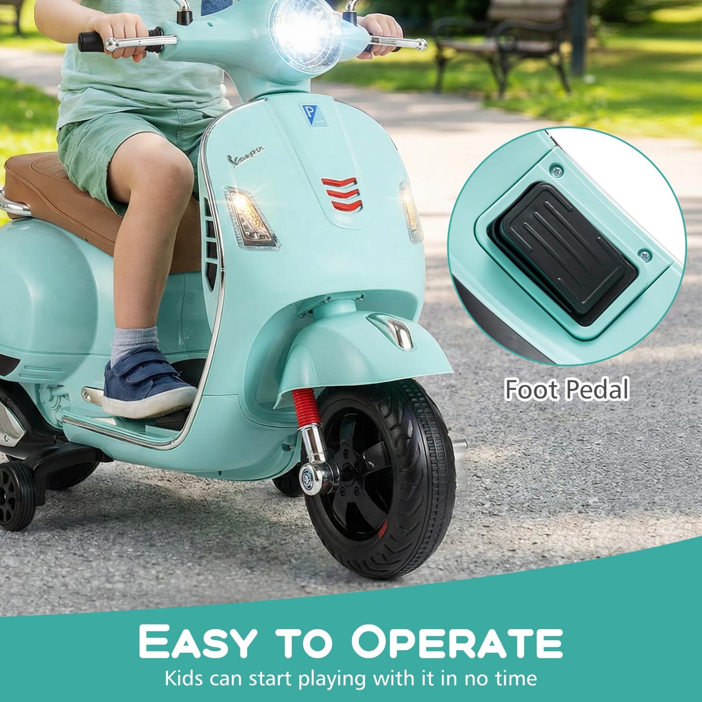 Licensed Vespa 12V Kids Motorcycle by INFANS with Training Wheels, Music, Story, Horn, Lights for 3-6 Years (Green)